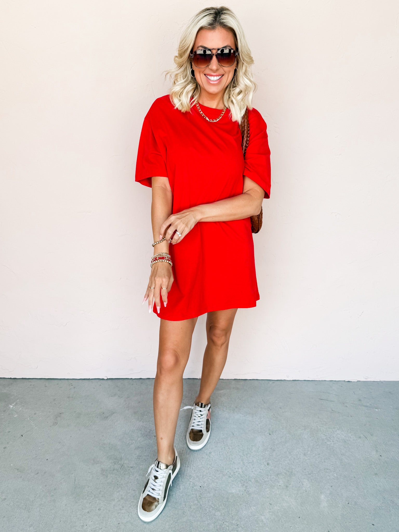 Running Errands Round-Neck T-Shirt Dress-Red