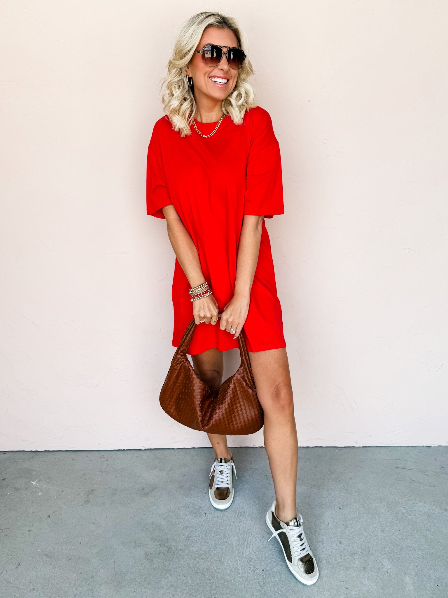 Running Errands Round-Neck T-Shirt Dress-Red
