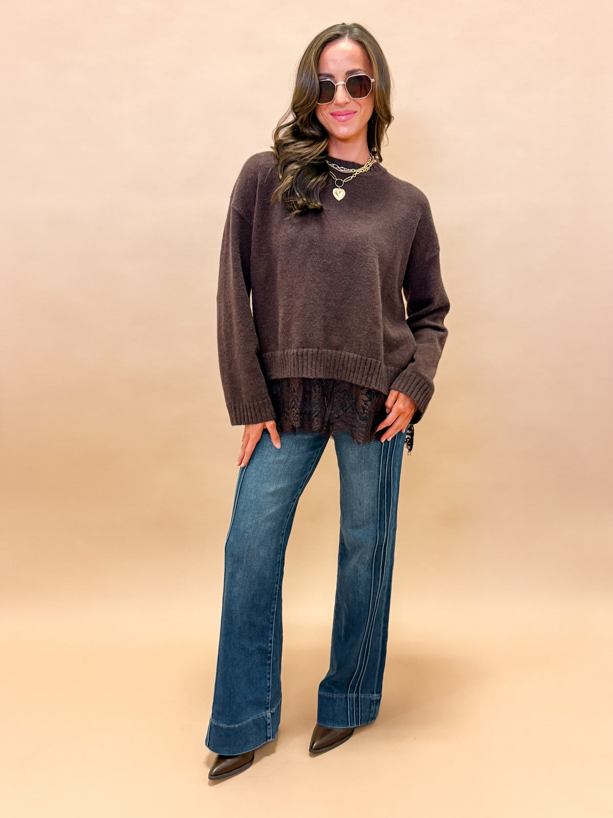 Darcy Lace Trim Sweater-Brown