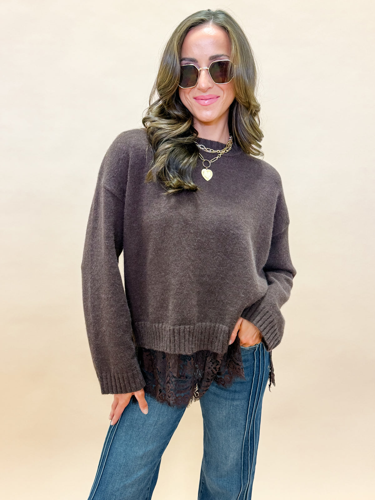 Darcy Lace Trim Sweater-Brown