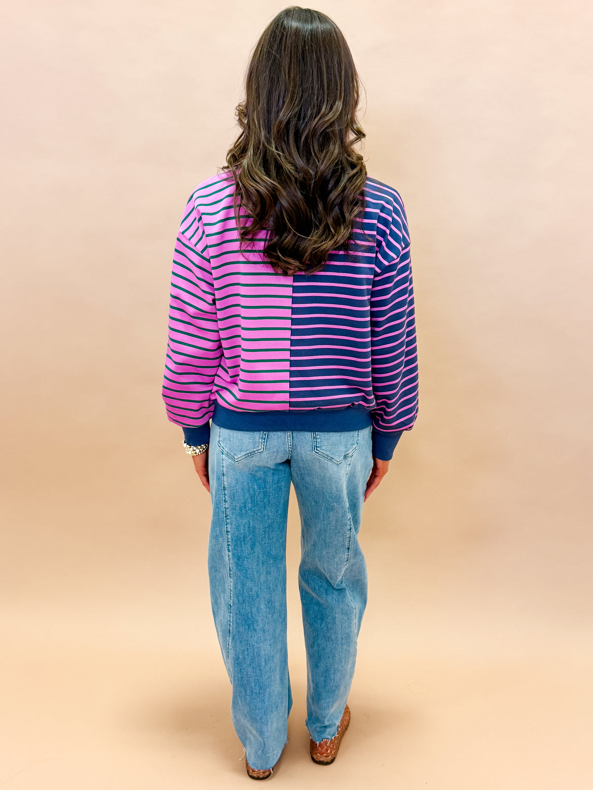 Kayleen Color Block Stripe French Terry Sweatshirt-Pink