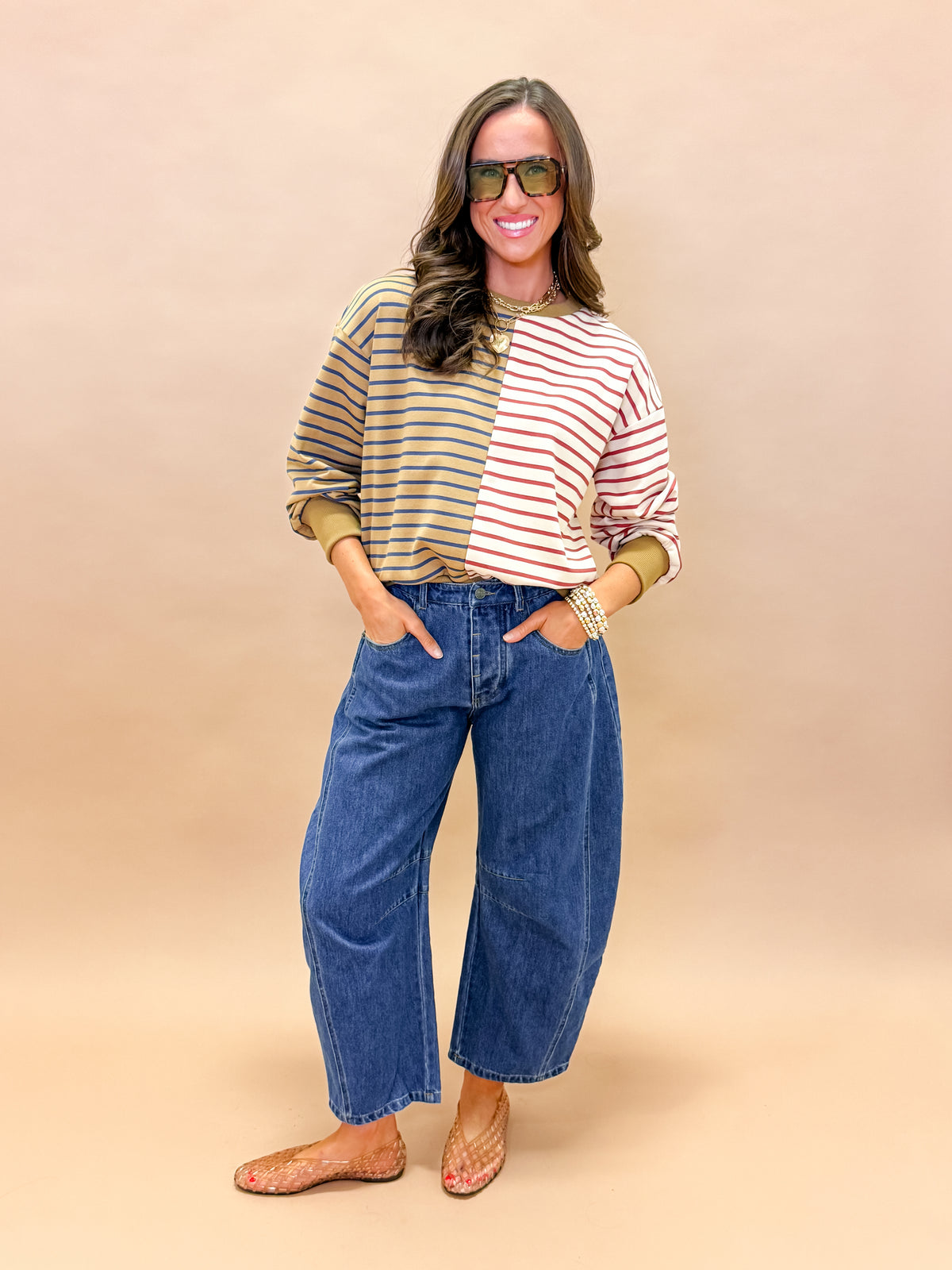 Kayleen Color Block Stripe French Terry Sweatshirt-Taupe