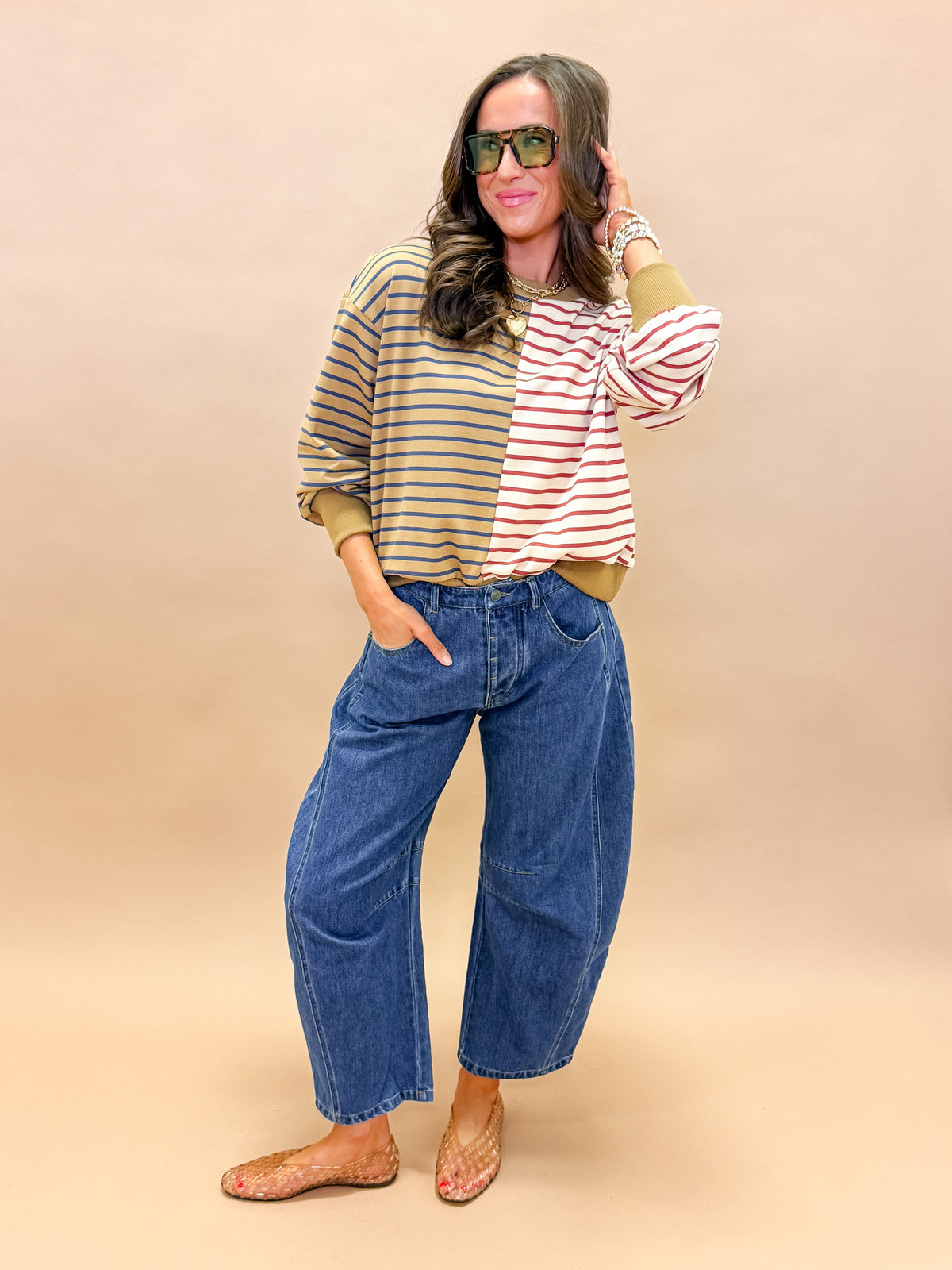 Kayleen Color Block Stripe French Terry Sweatshirt-Taupe