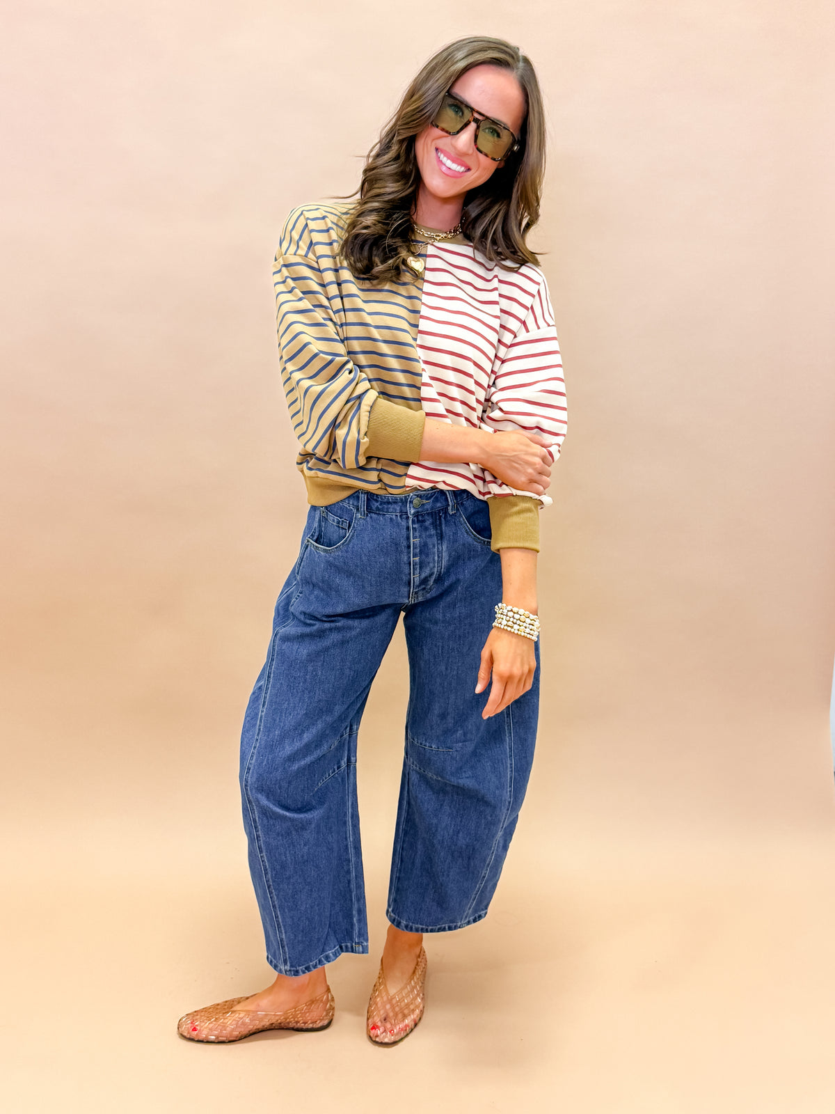 Kayleen Color Block Stripe French Terry Sweatshirt-Taupe