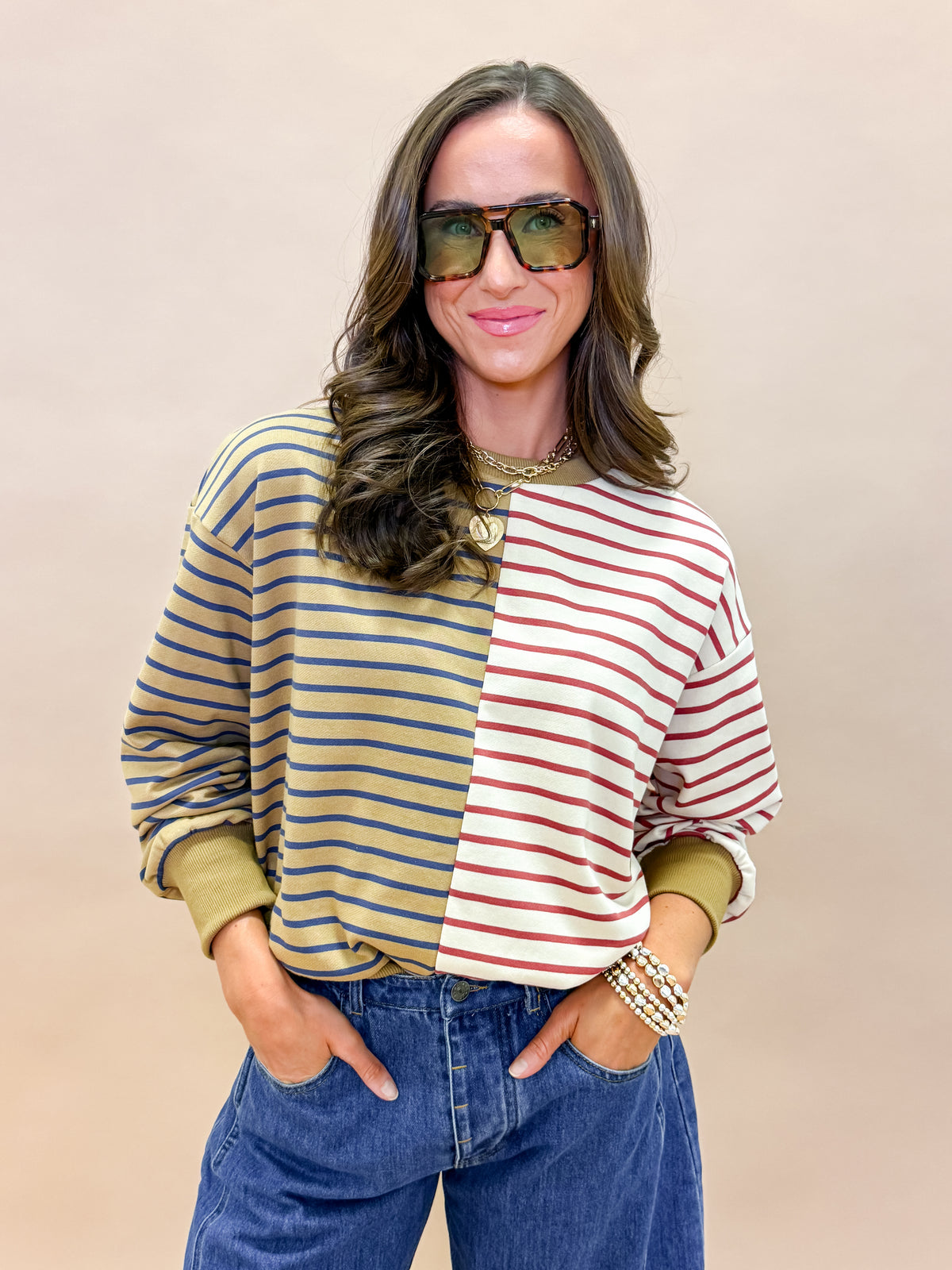 Kayleen Color Block Stripe French Terry Sweatshirt-Taupe