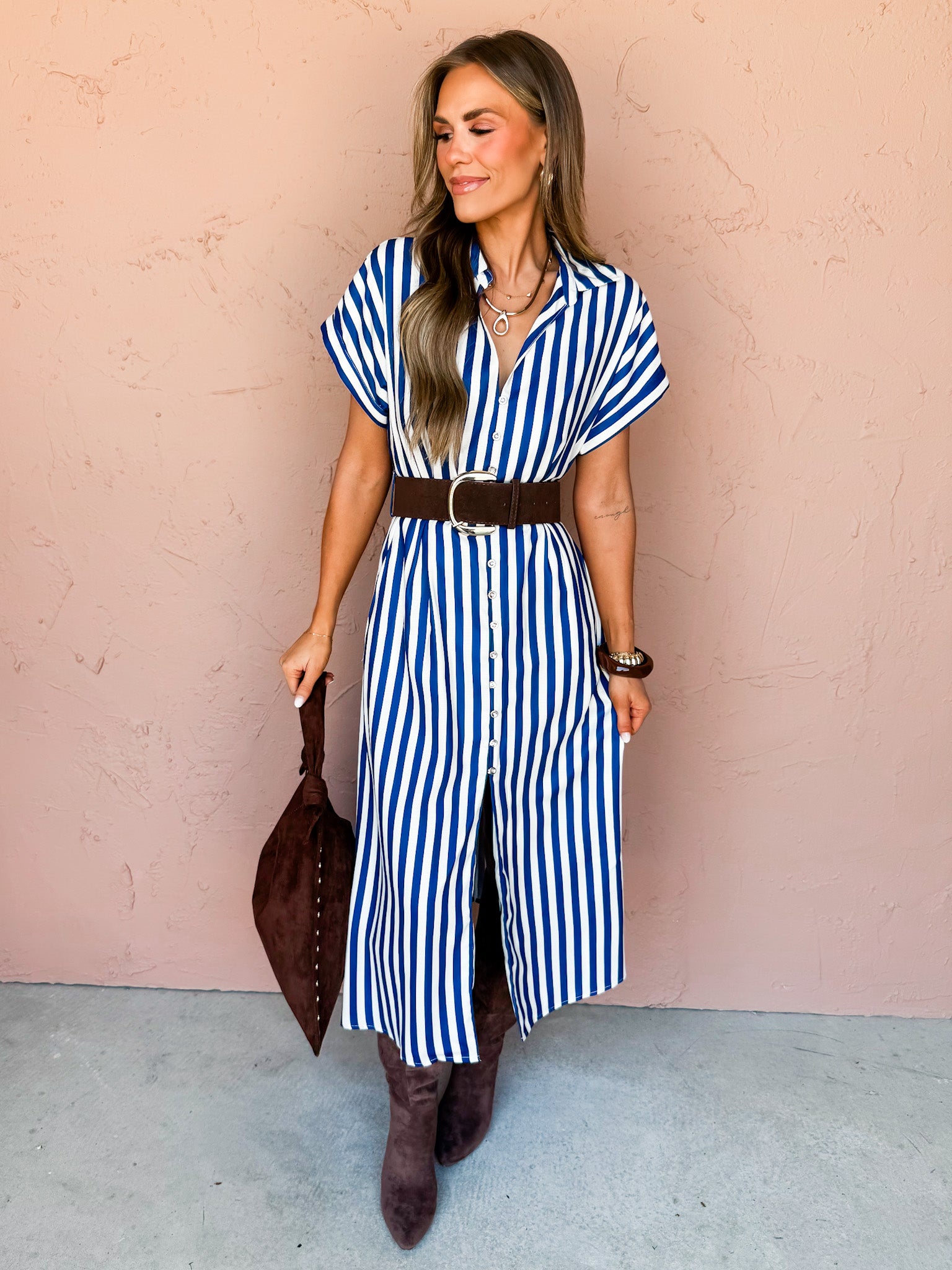 In Line Belted Midi Shirt Dress