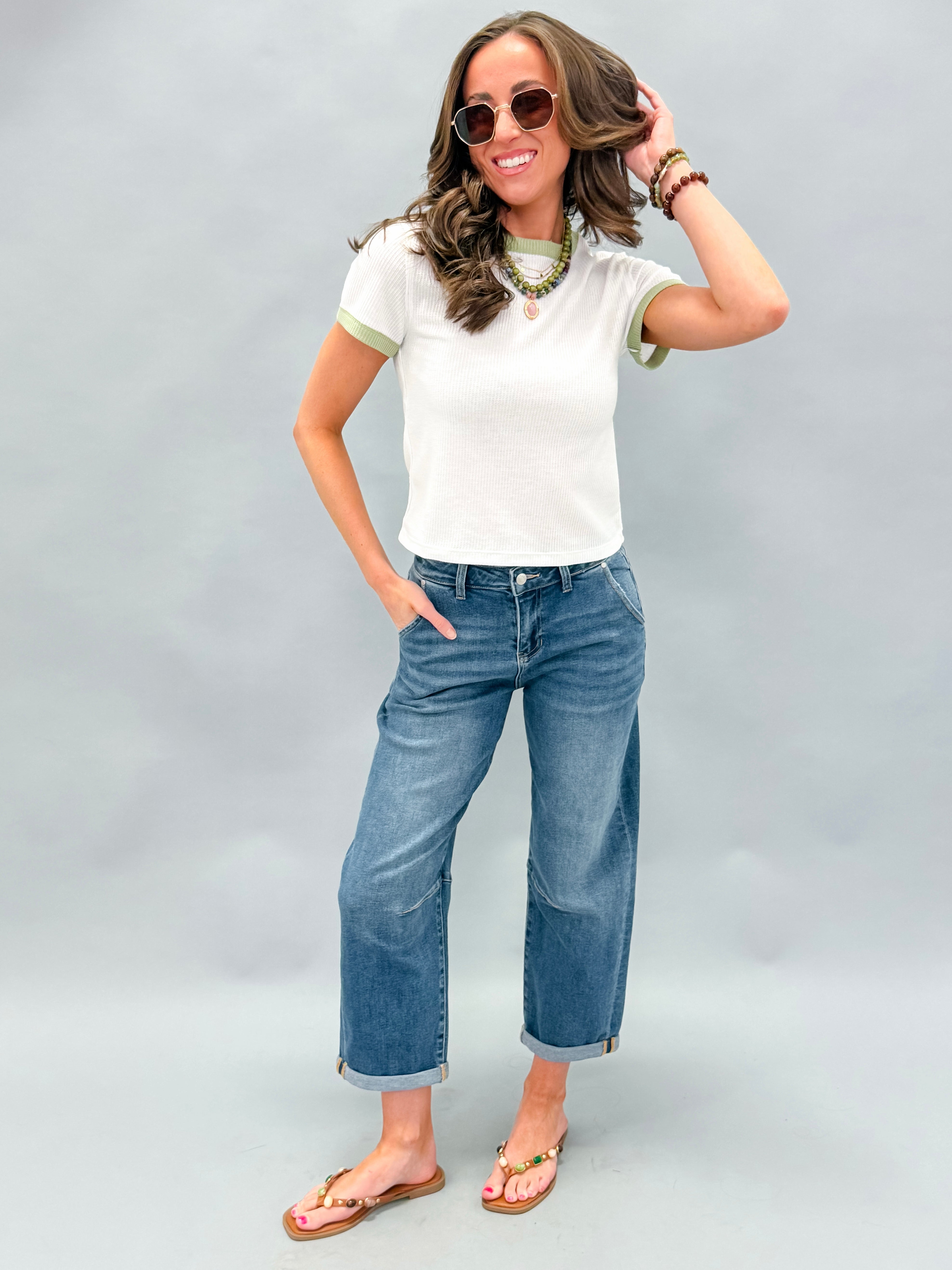 Jessa Contrast Waffle Knit Top-White/Sage