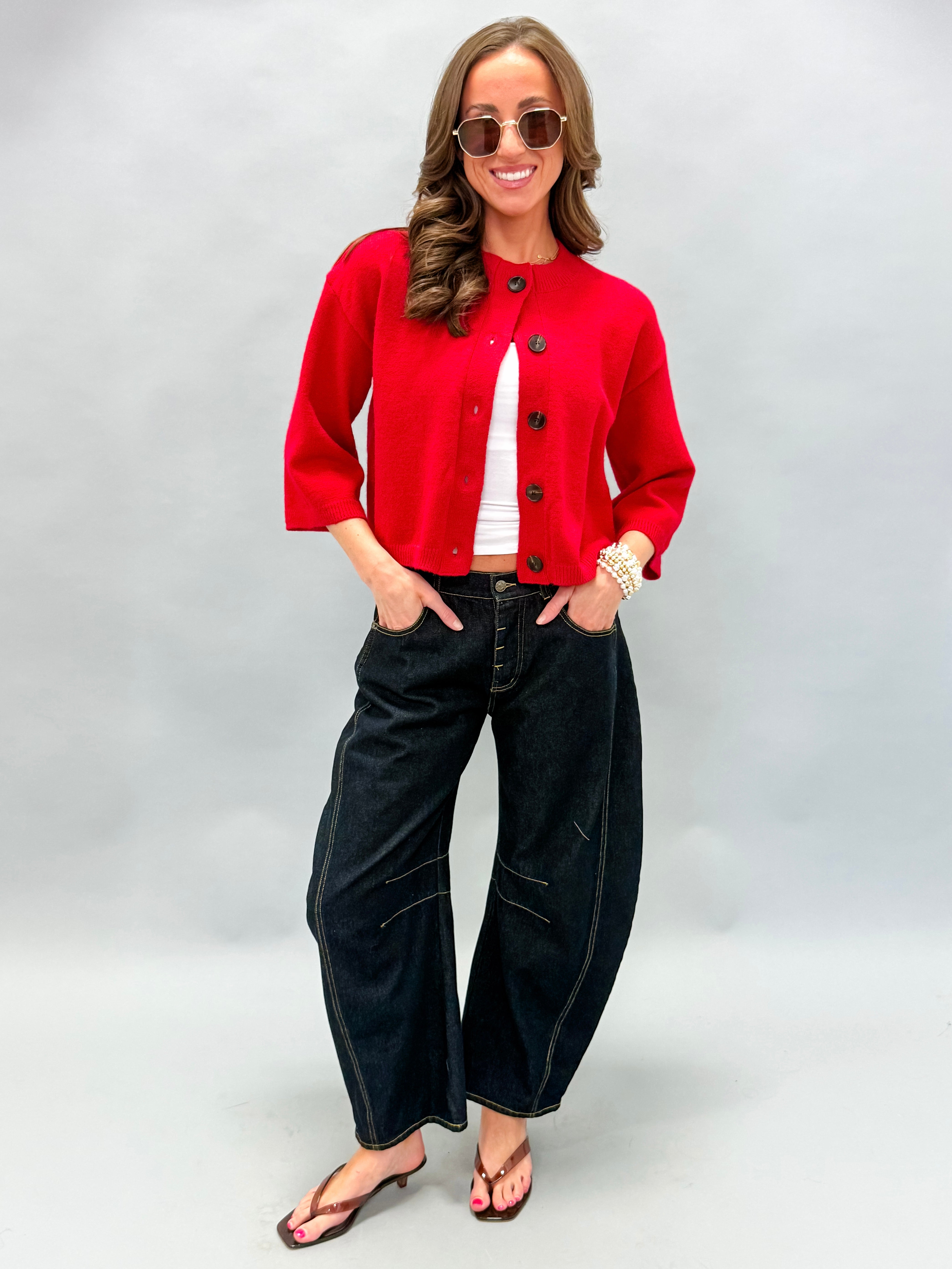 Sunday Half Sleeve Cardigan Sweater-Red