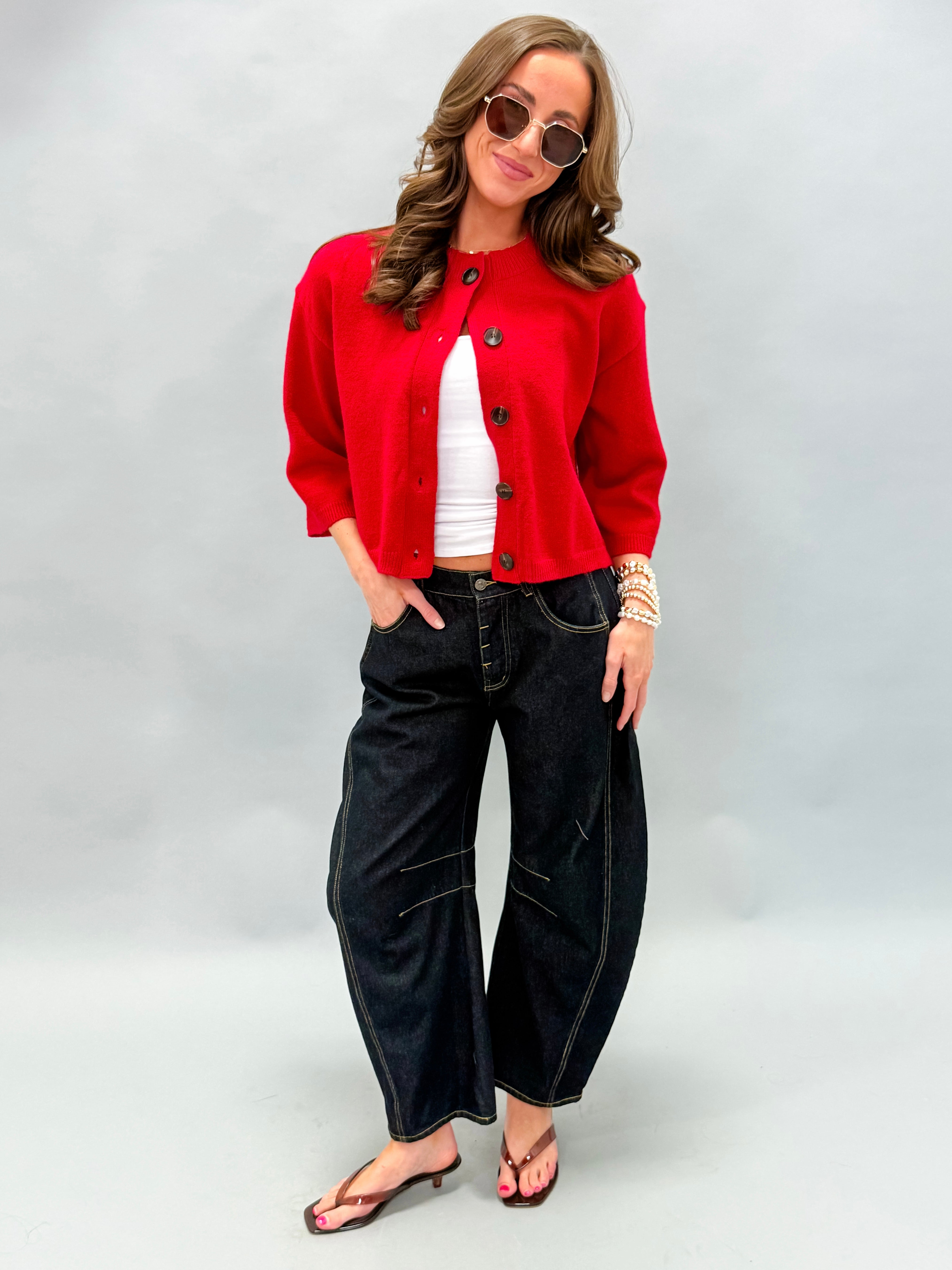 Sunday Half Sleeve Cardigan Sweater-Red