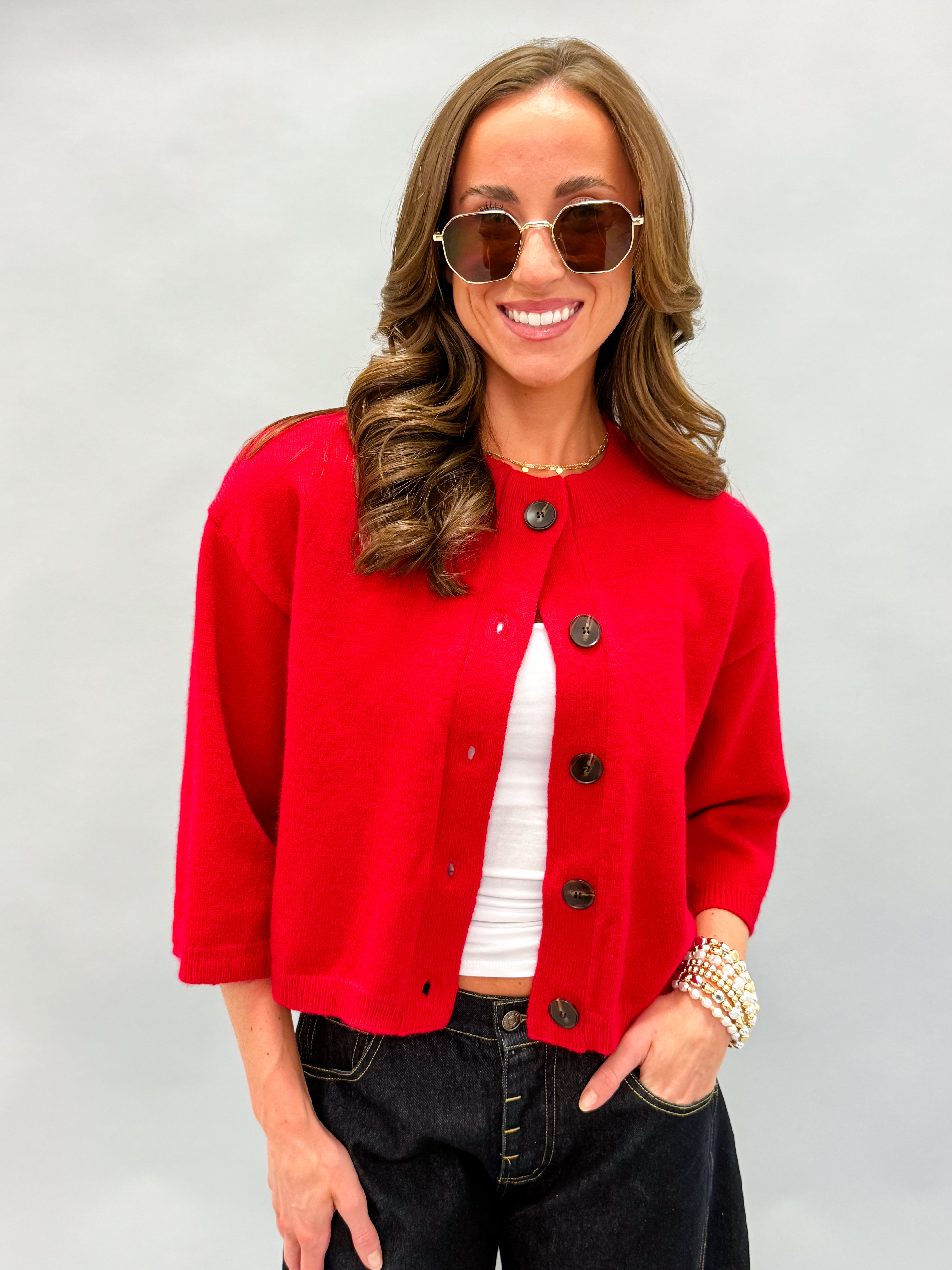 Sunday Half Sleeve Cardigan Sweater-Red