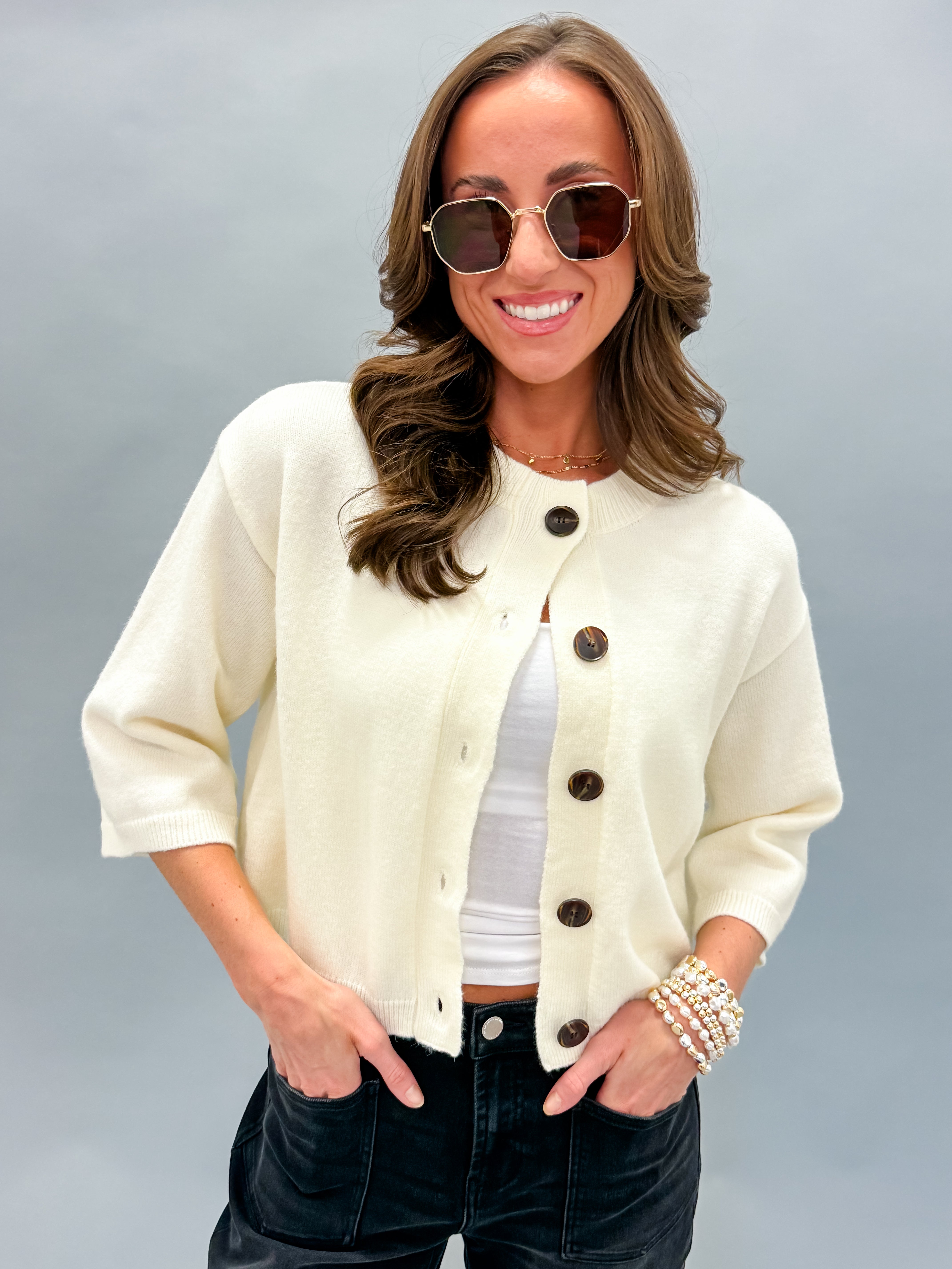 Sunday Half Sleeve Cardigan Sweater-Cream