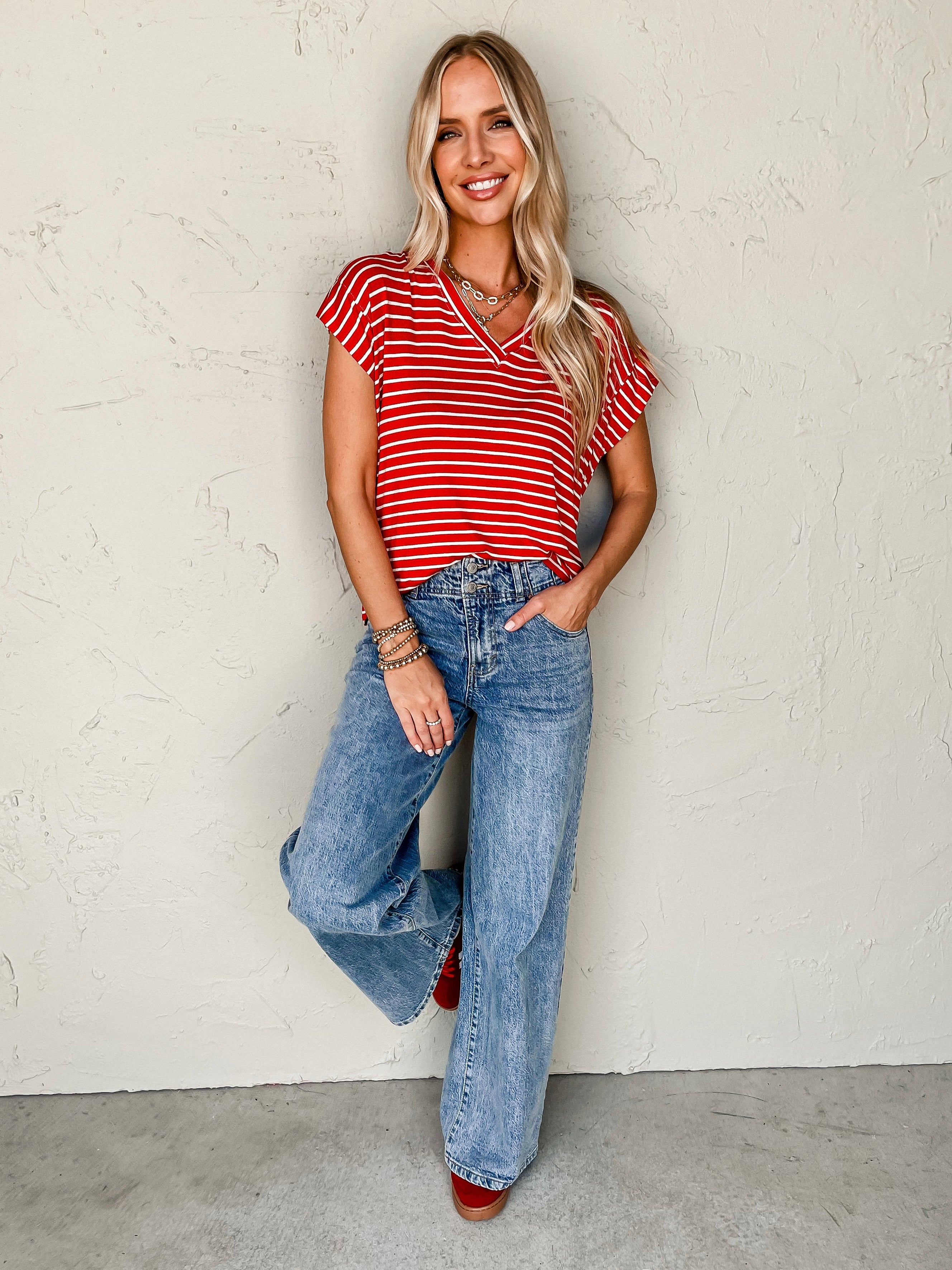 I'm Yours Striped V Neck Top