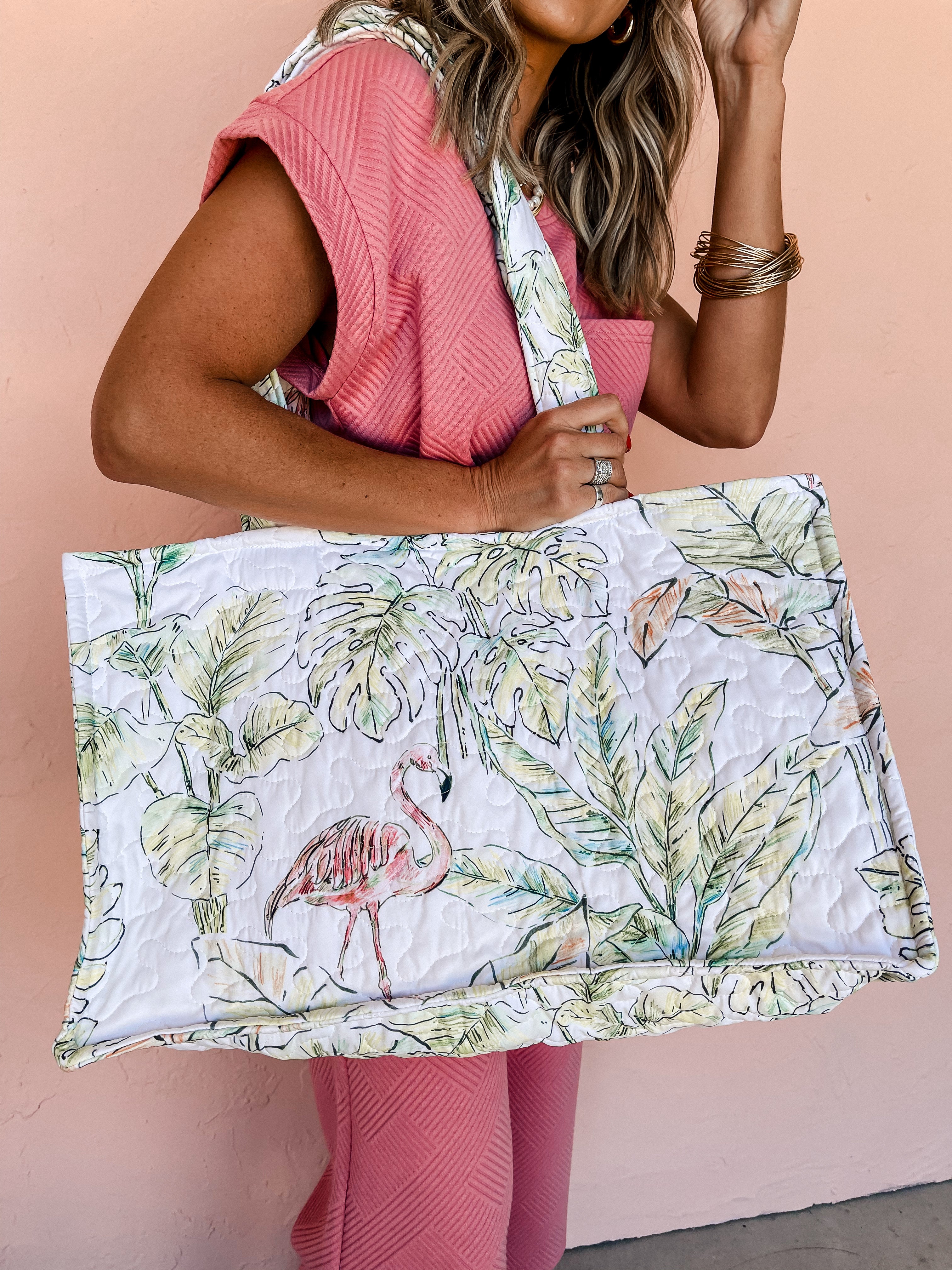 [Ida Mae Home] Flamingo Toile Quilted Tote Bag