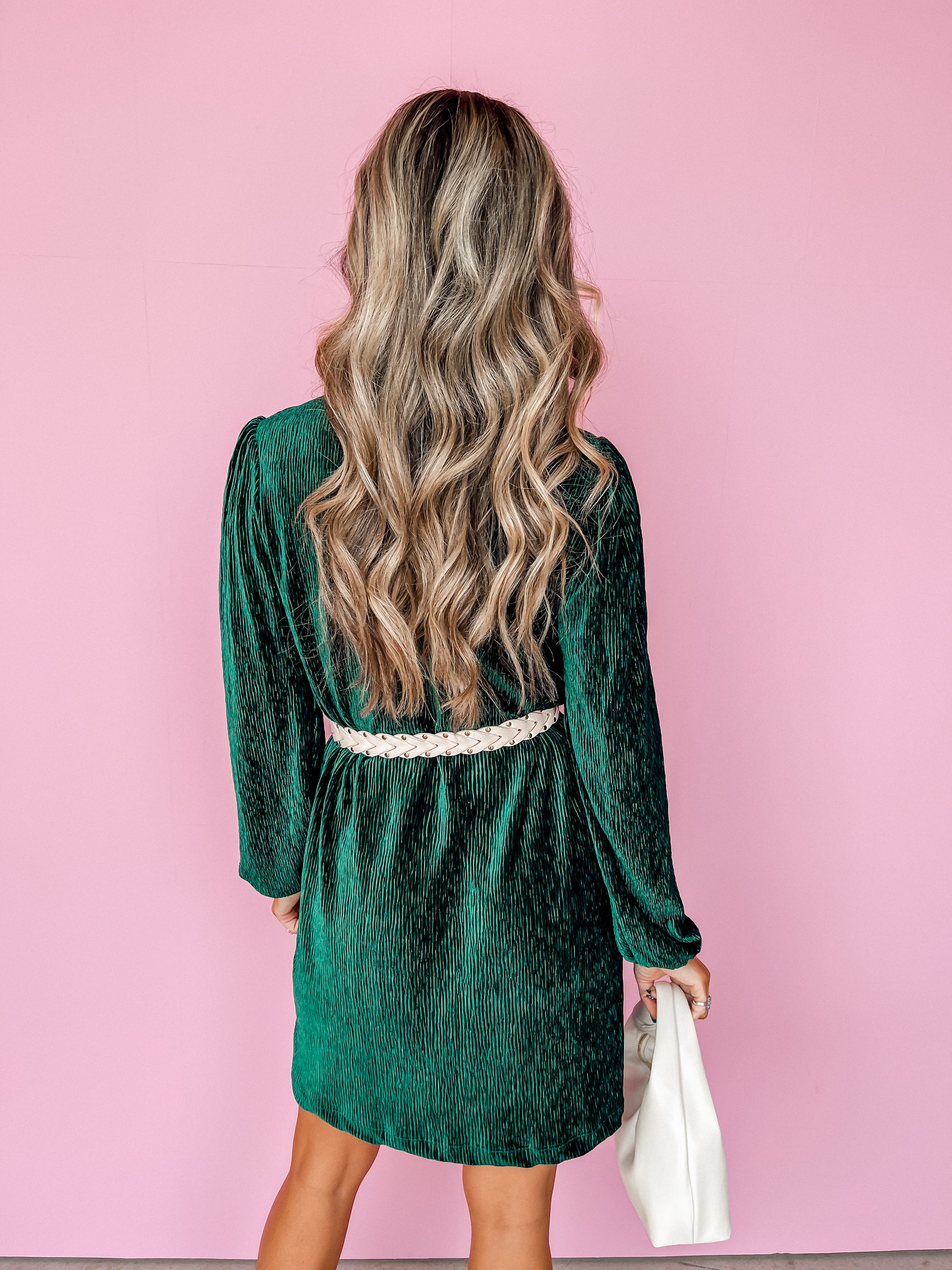 In Due Time Textured Velvet Dress-Hunter Green