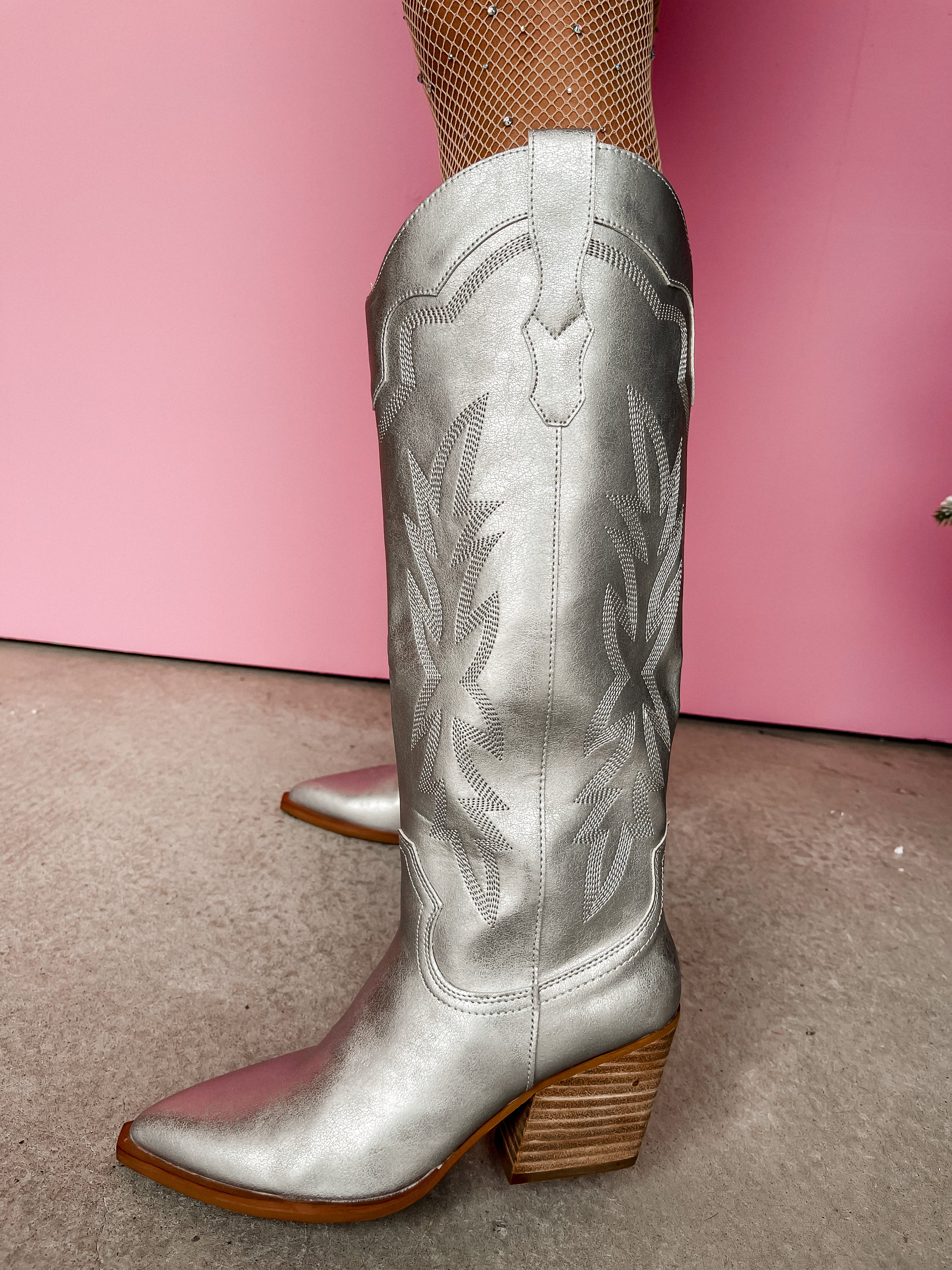 Indigo Embroidered Western Boot-Silver