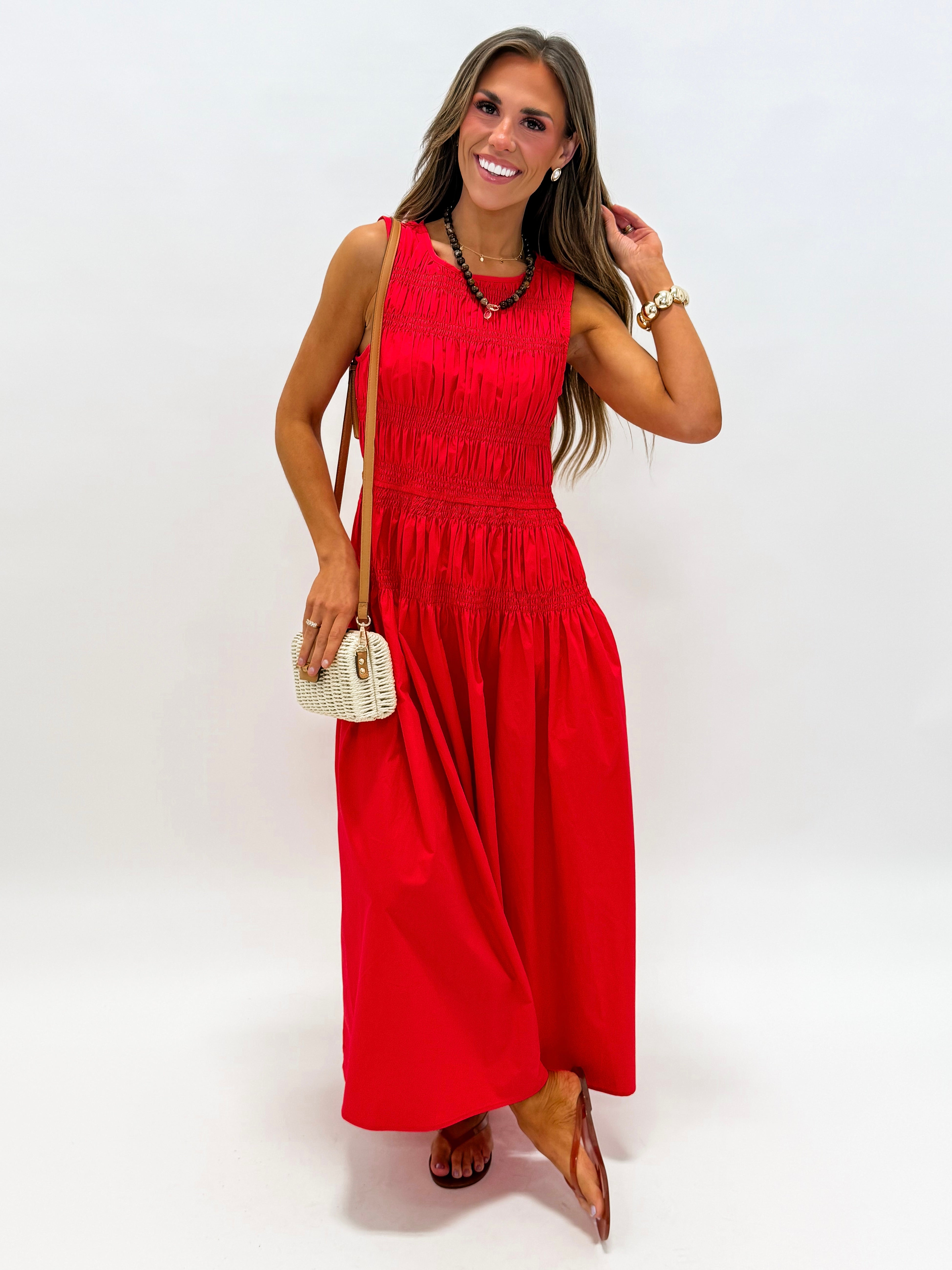 Jacee Smocked Sleeveless Midi Dress-Red