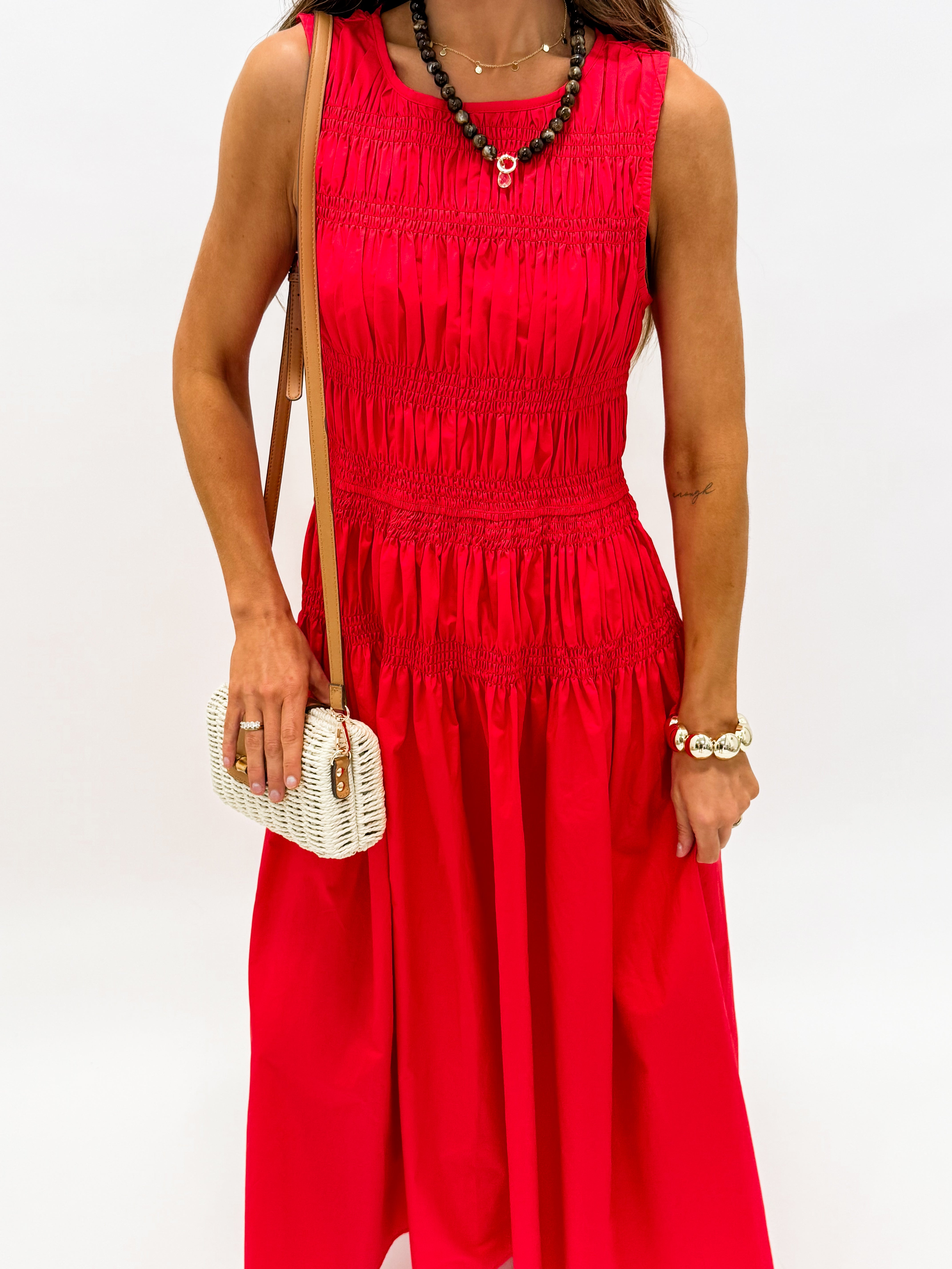 Jacee Smocked Sleeveless Midi Dress-Red