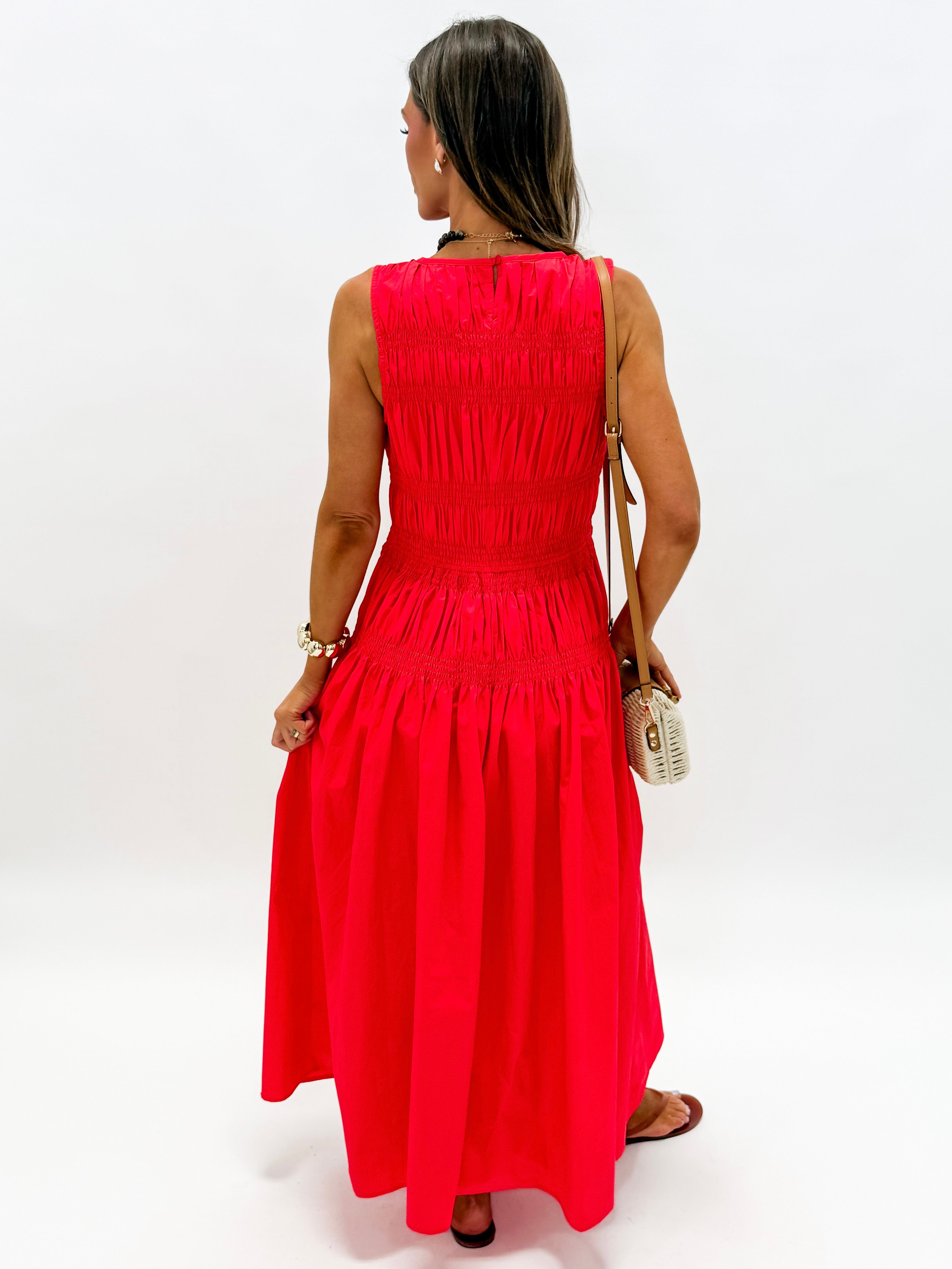 Jacee Smocked Sleeveless Midi Dress-Red