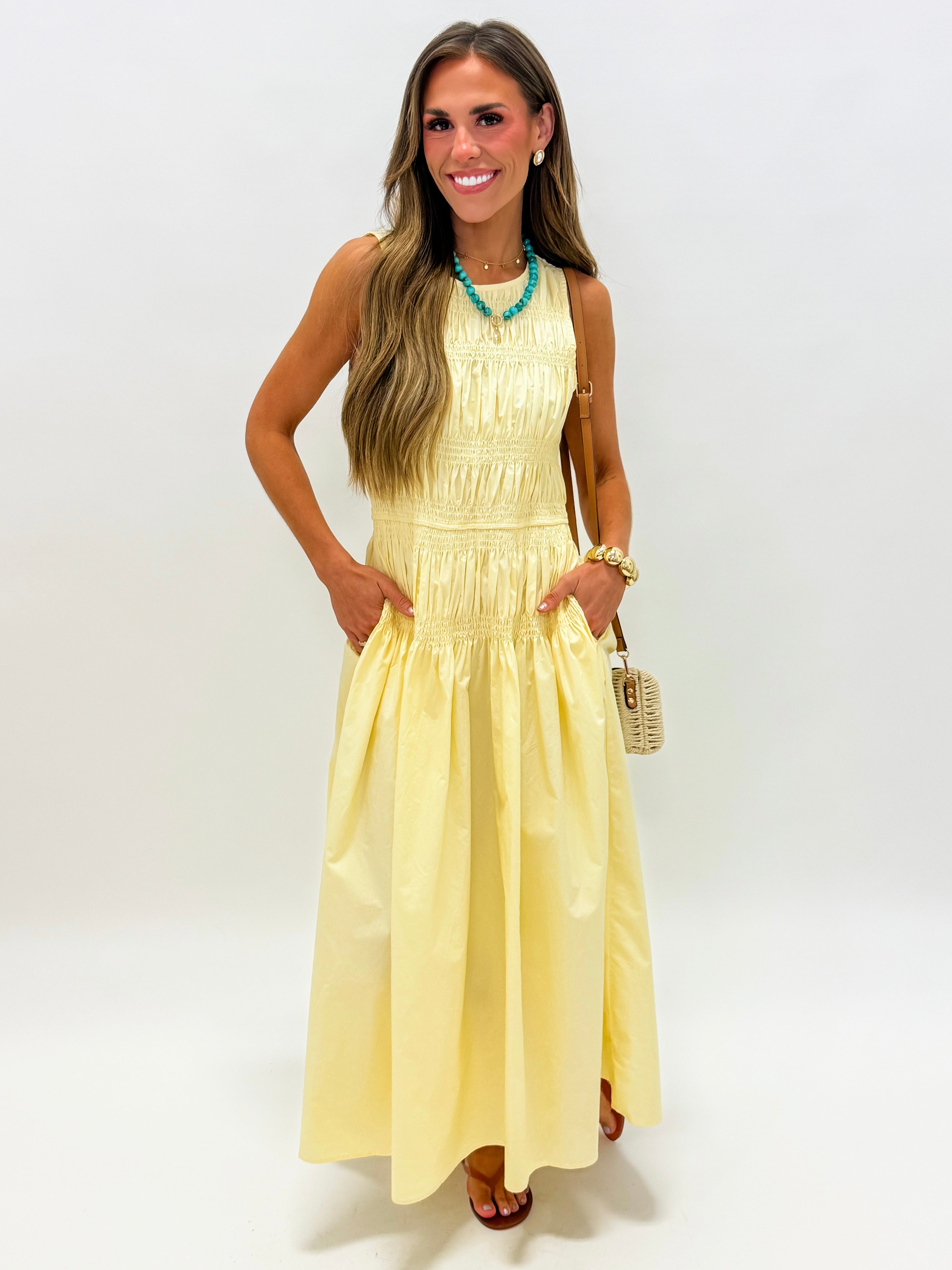 Jacee Smocked Sleeveless Midi Dress-Yellow