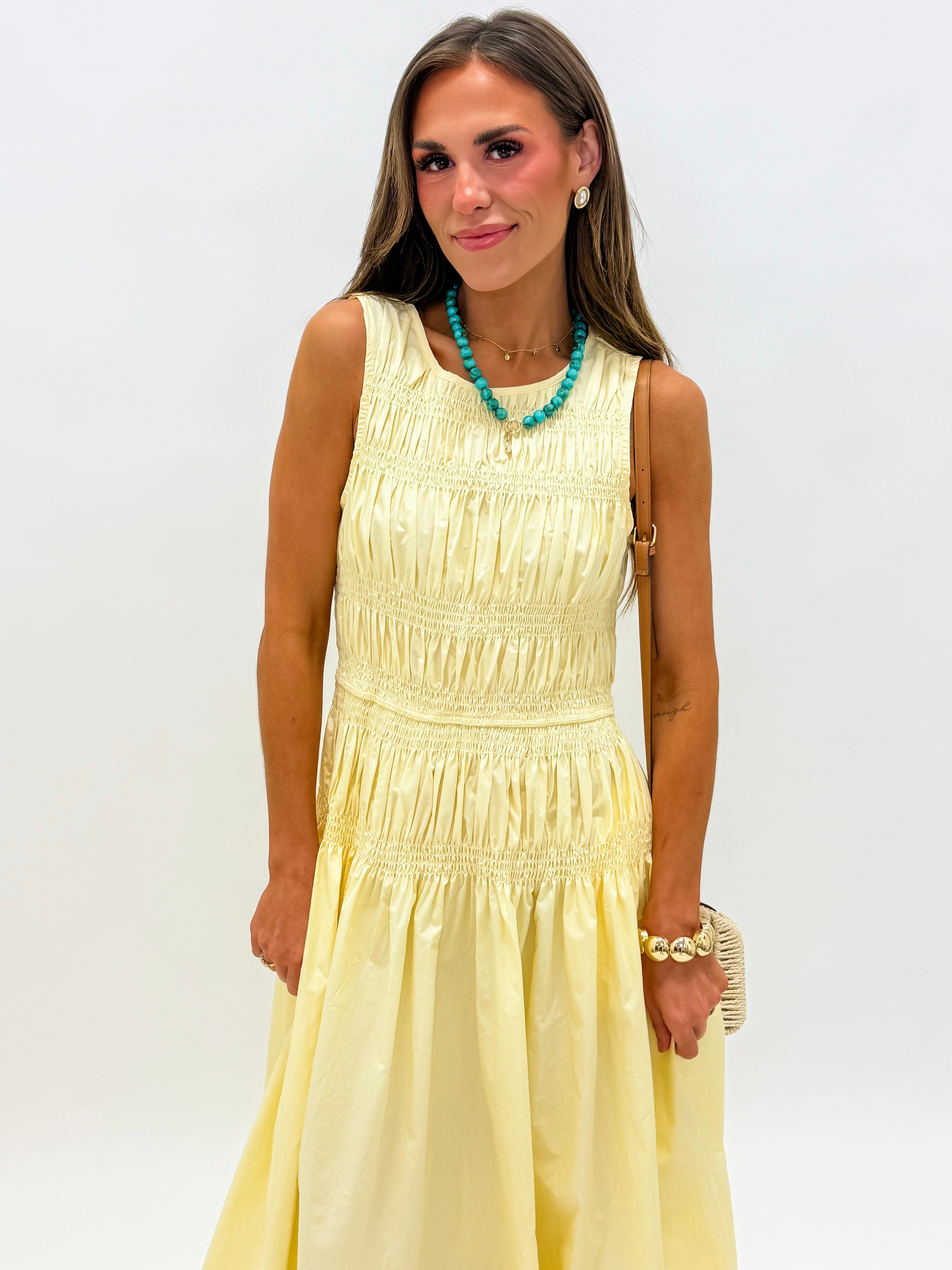 Jacee Smocked Sleeveless Midi Dress-Yellow