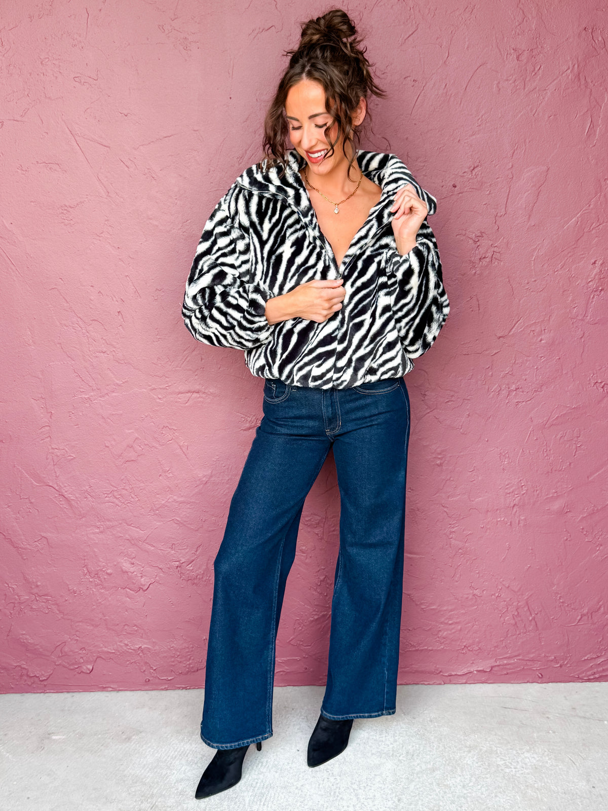 Jagger Zebra Faux Fur Funnel Neck Jacket