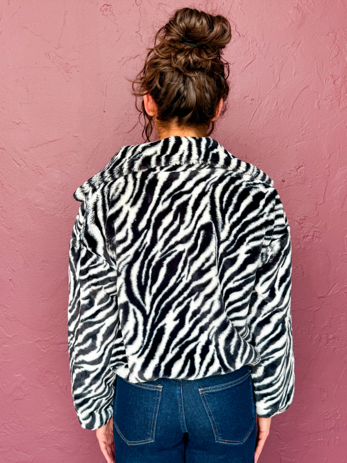 Jagger Zebra Faux Fur Funnel Neck Jacket