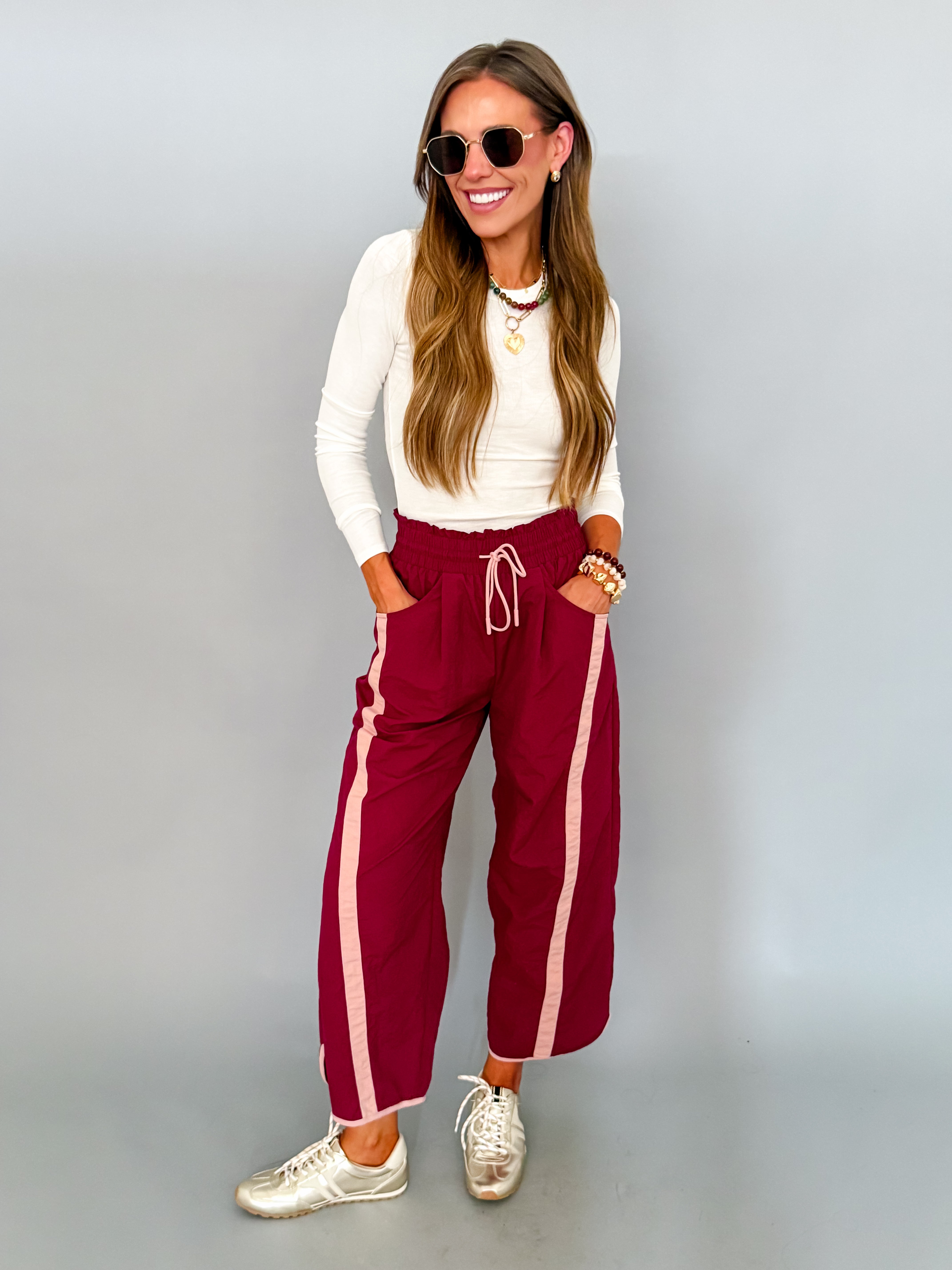 Jasmine Sporty Barrel Pants-Maroon