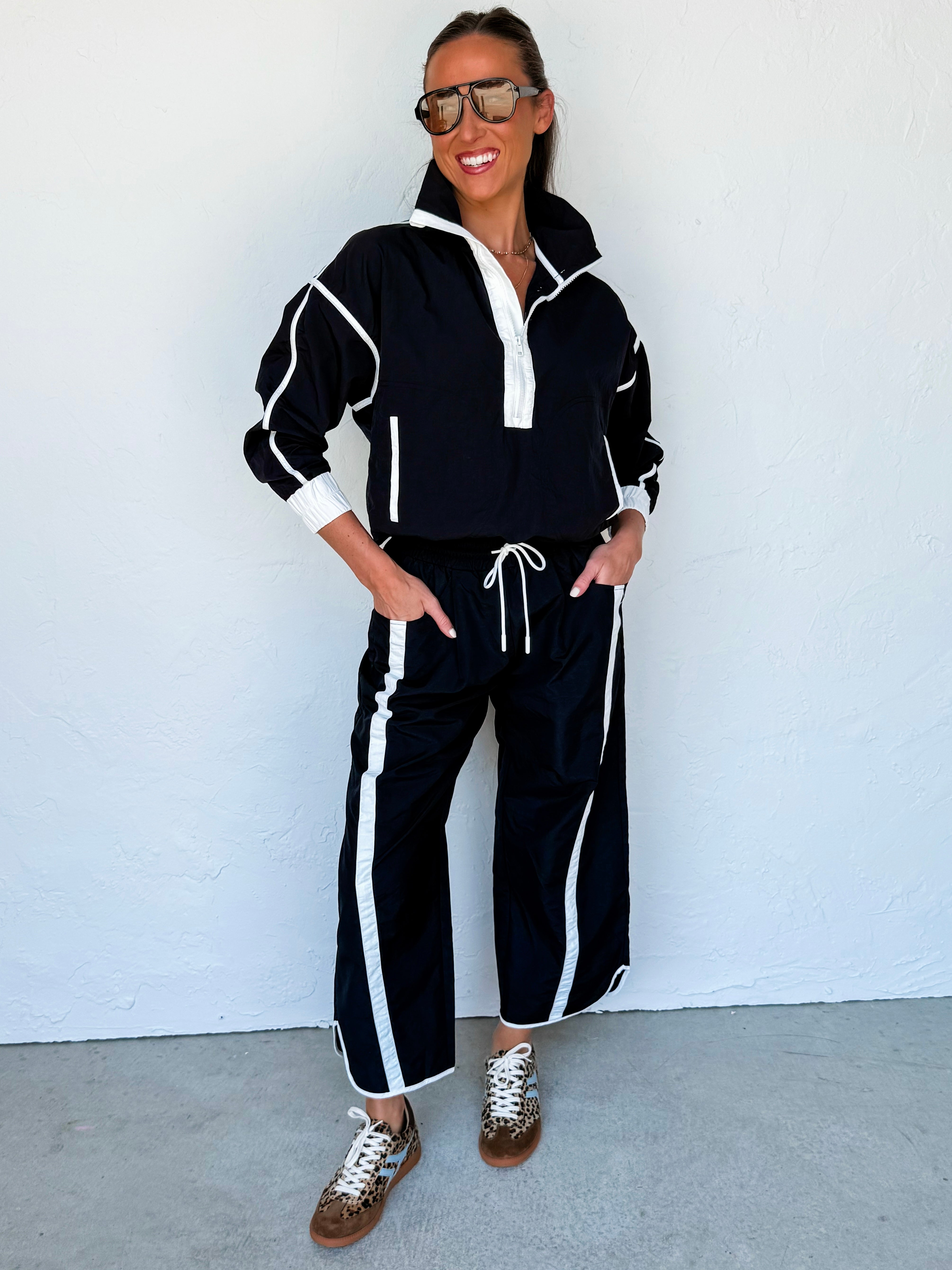 Jasmine Sporty Nylon Half Zip Pullover-Black
