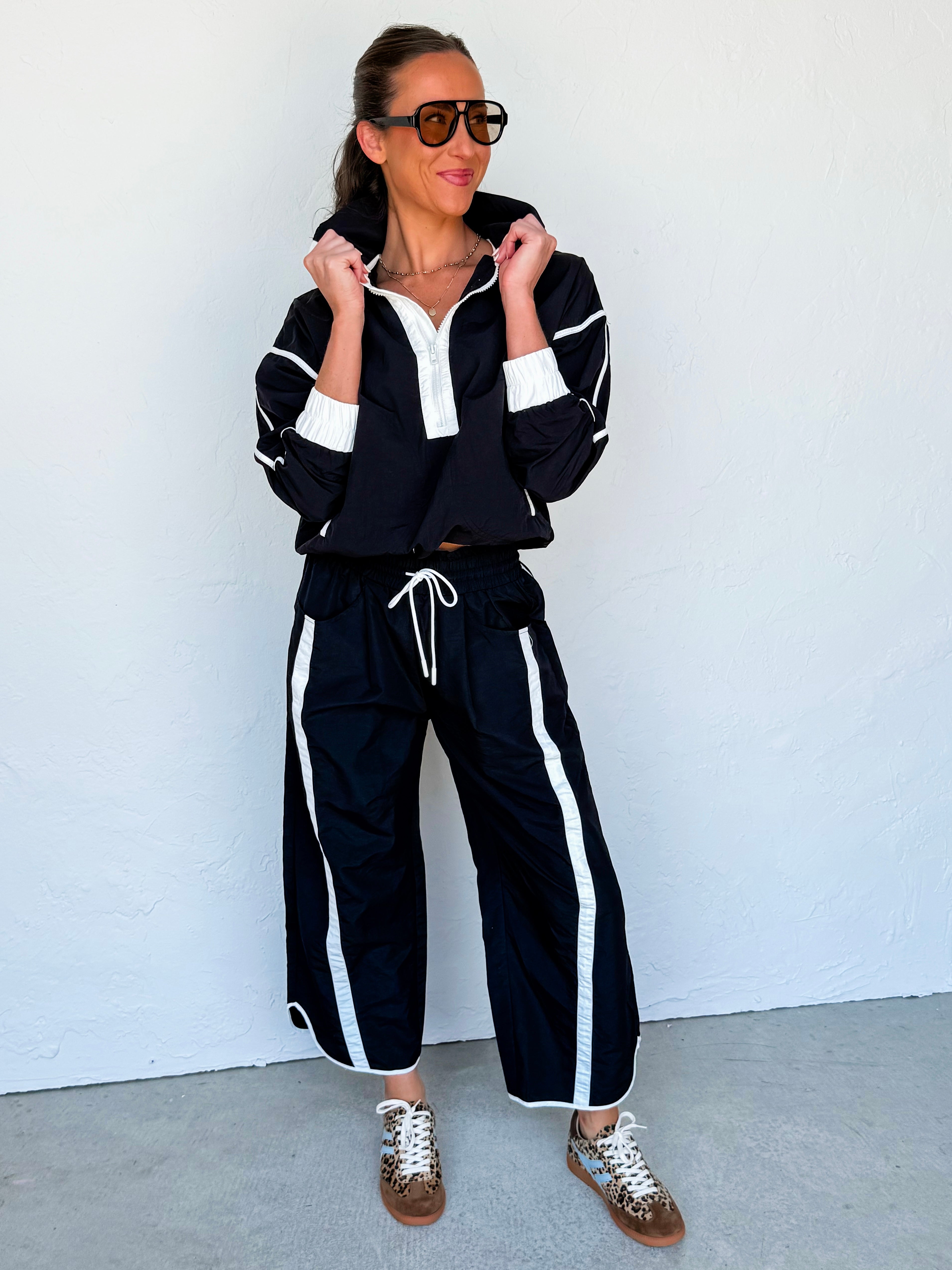 Jasmine Sporty Nylon Half Zip Pullover-Black