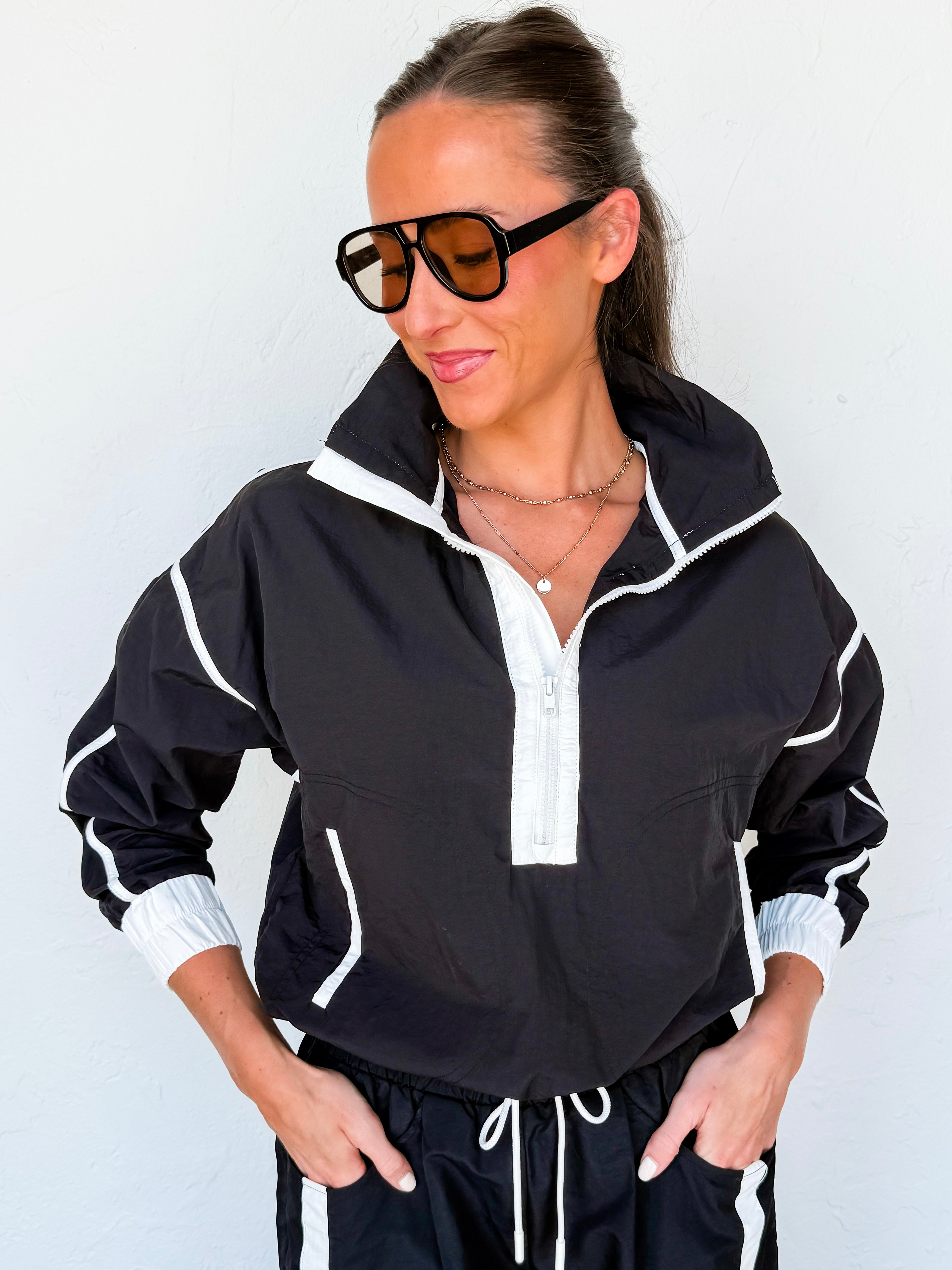 Jasmine Sporty Nylon Half Zip Pullover-Black
