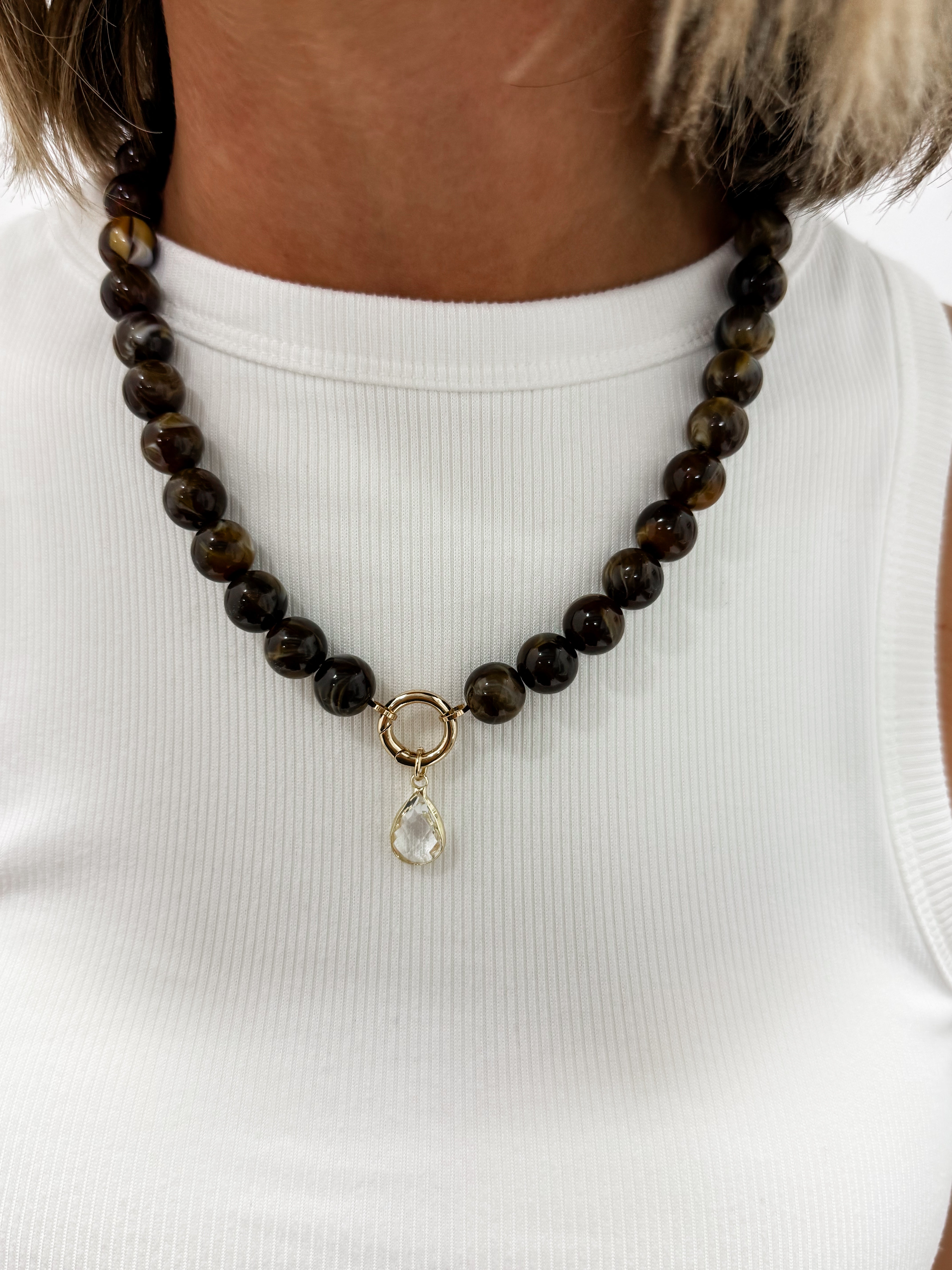 Jasper Beaded Pendant Necklace-Brown