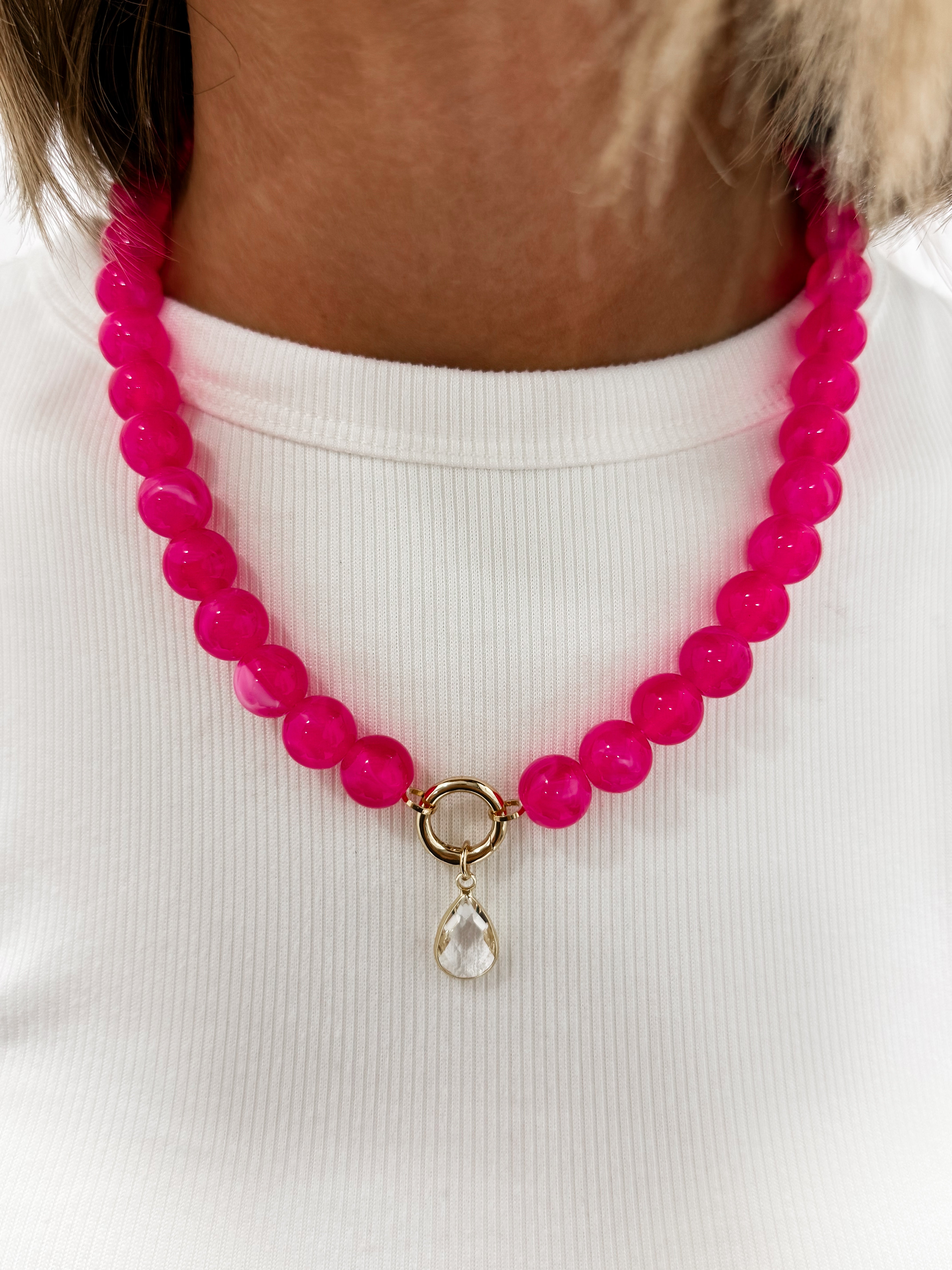 Jasper Beaded Pendant Necklace-Pink