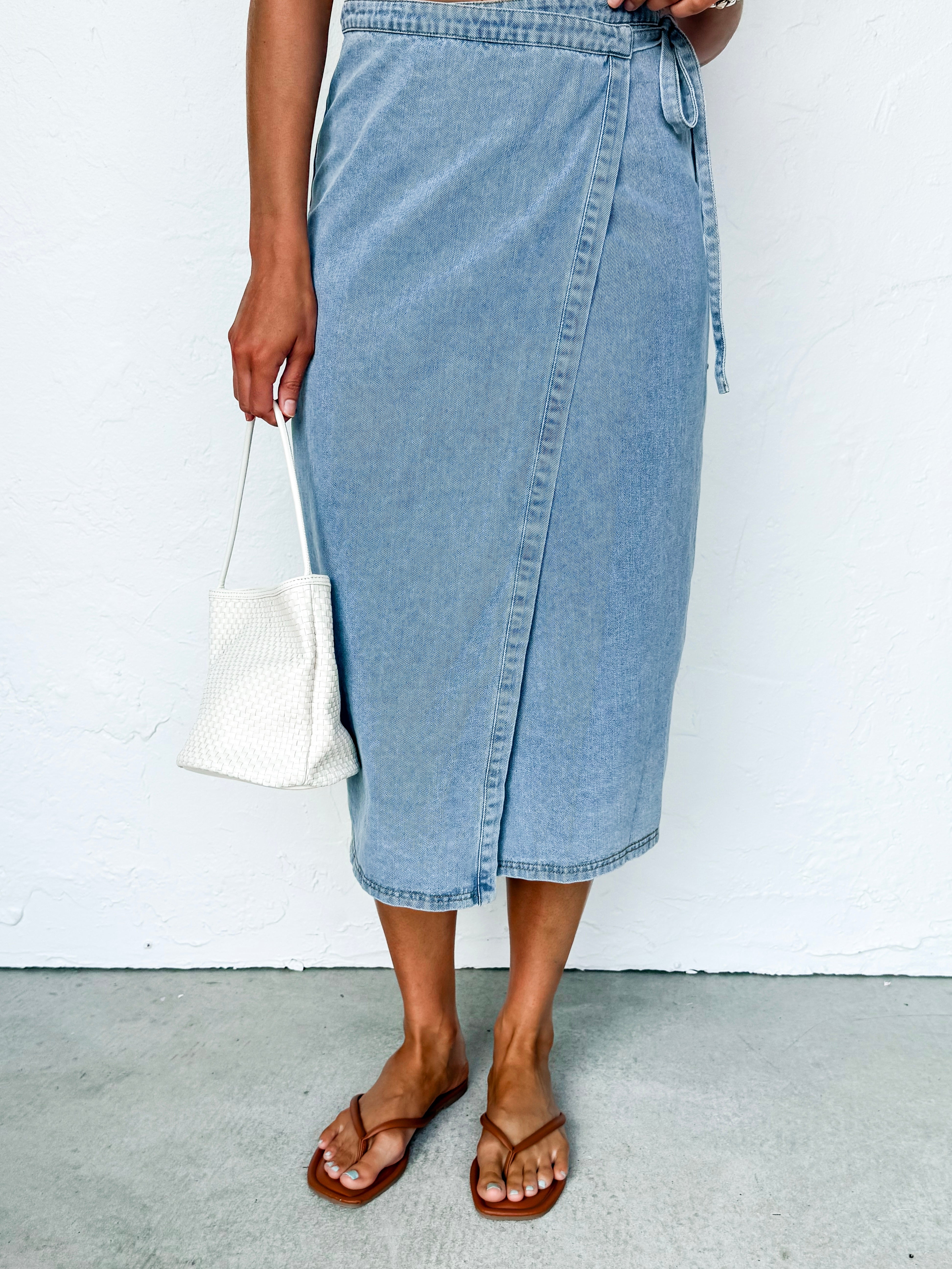Jenna Washed Denim Wrap Midi Skirt