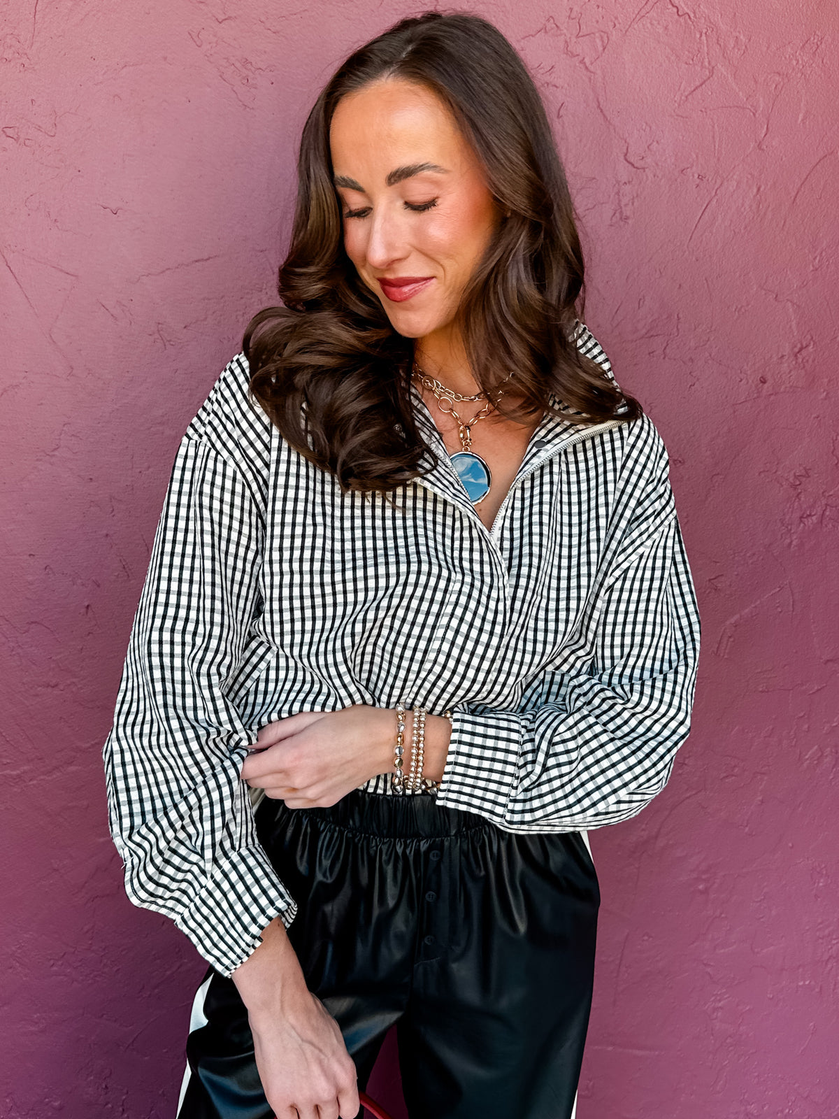 Jennifer Gingham Stand Collar Bomber Jacket