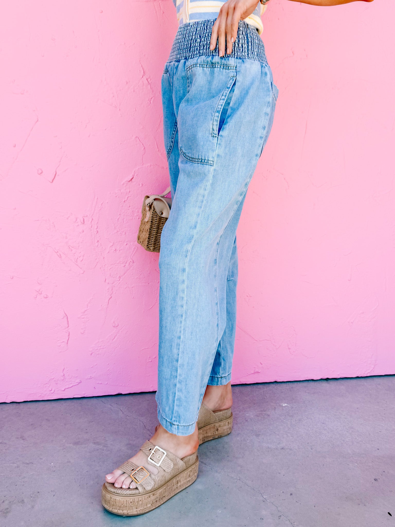 Jessie Smocked Waist Barrel Denim Pants