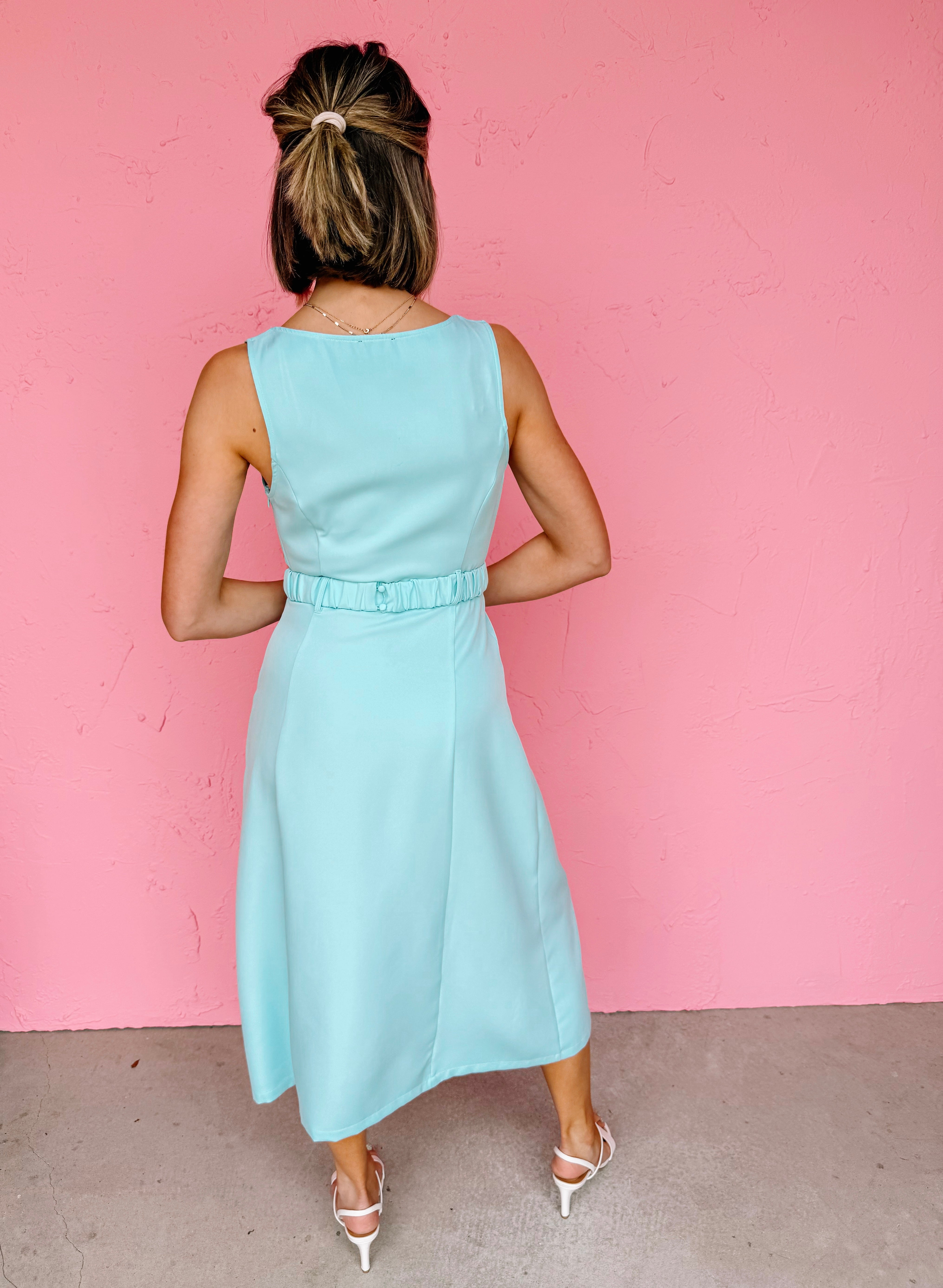 Juliann Sleeveless Belted Midi Dress-Aqua Large Juliann Sleeveless Belted Midi Dress-Aqua Large