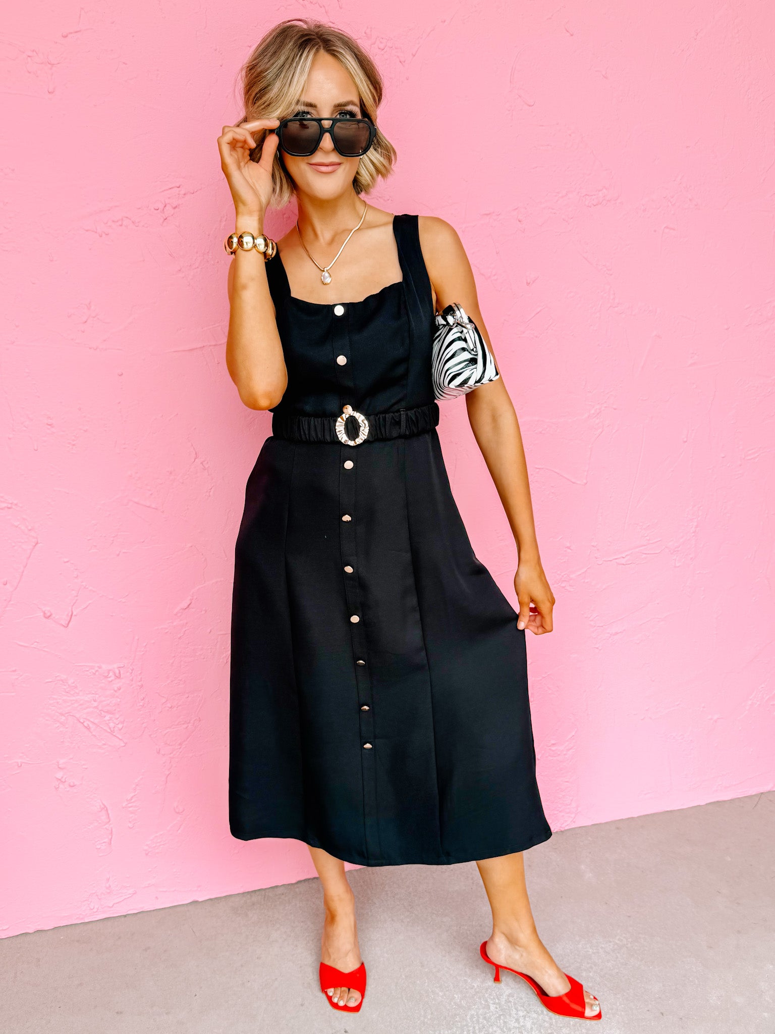 Juliann Sleeveless Belted Midi Dress-Black
