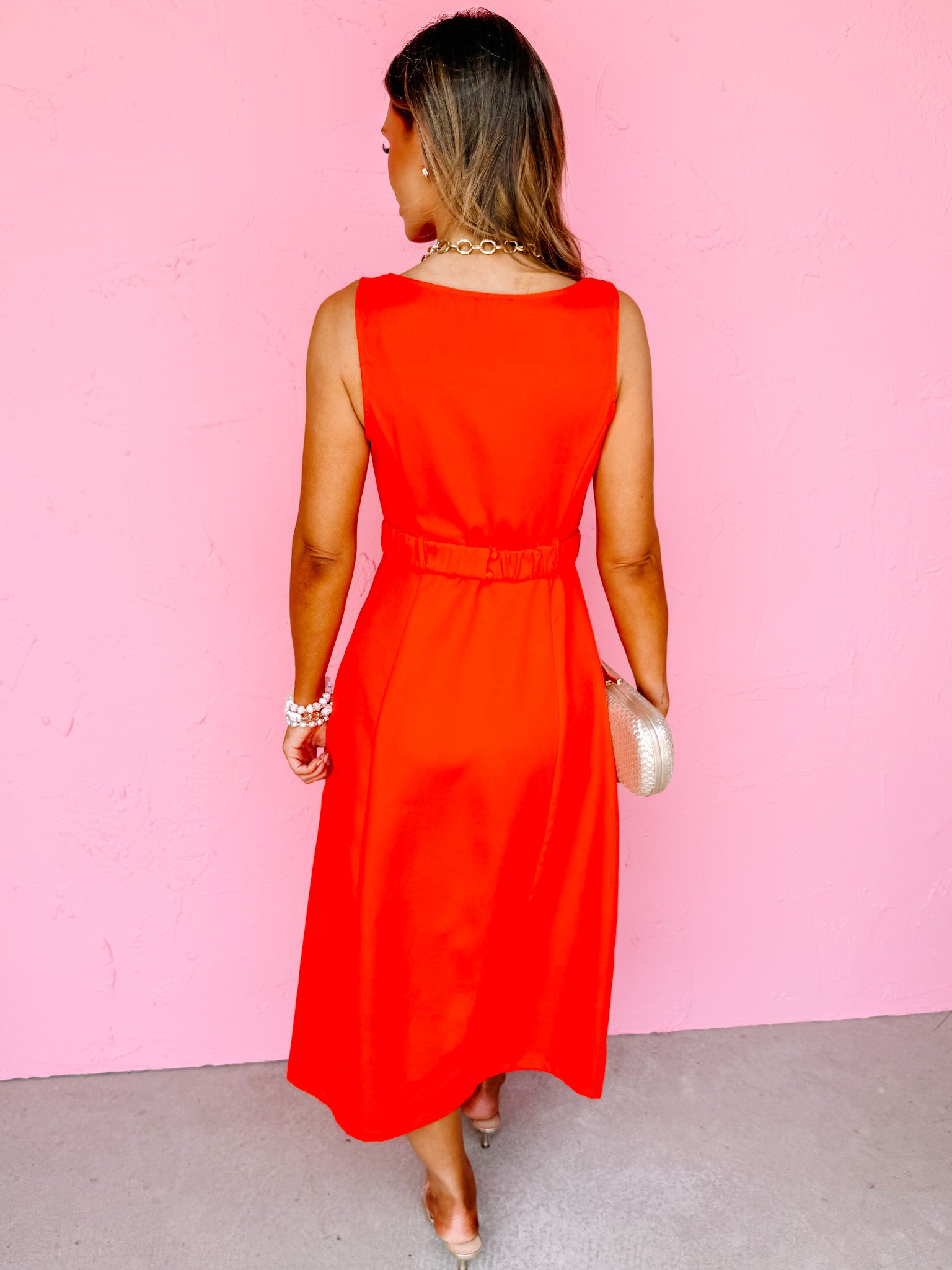 Juliann Sleeveless Belted Midi Dress-Tomato