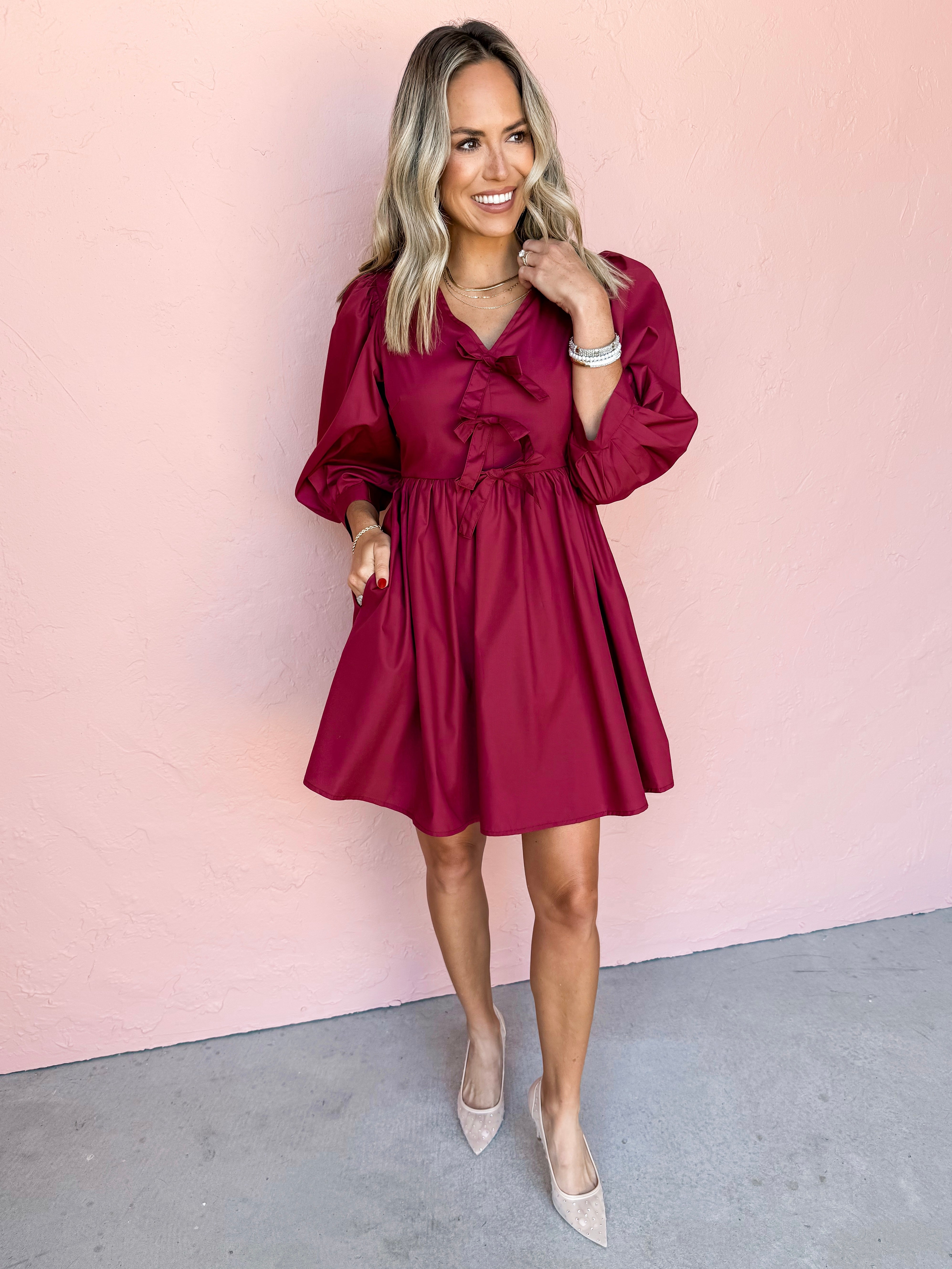 Just A Girl Bow Mini Dress-Garnet