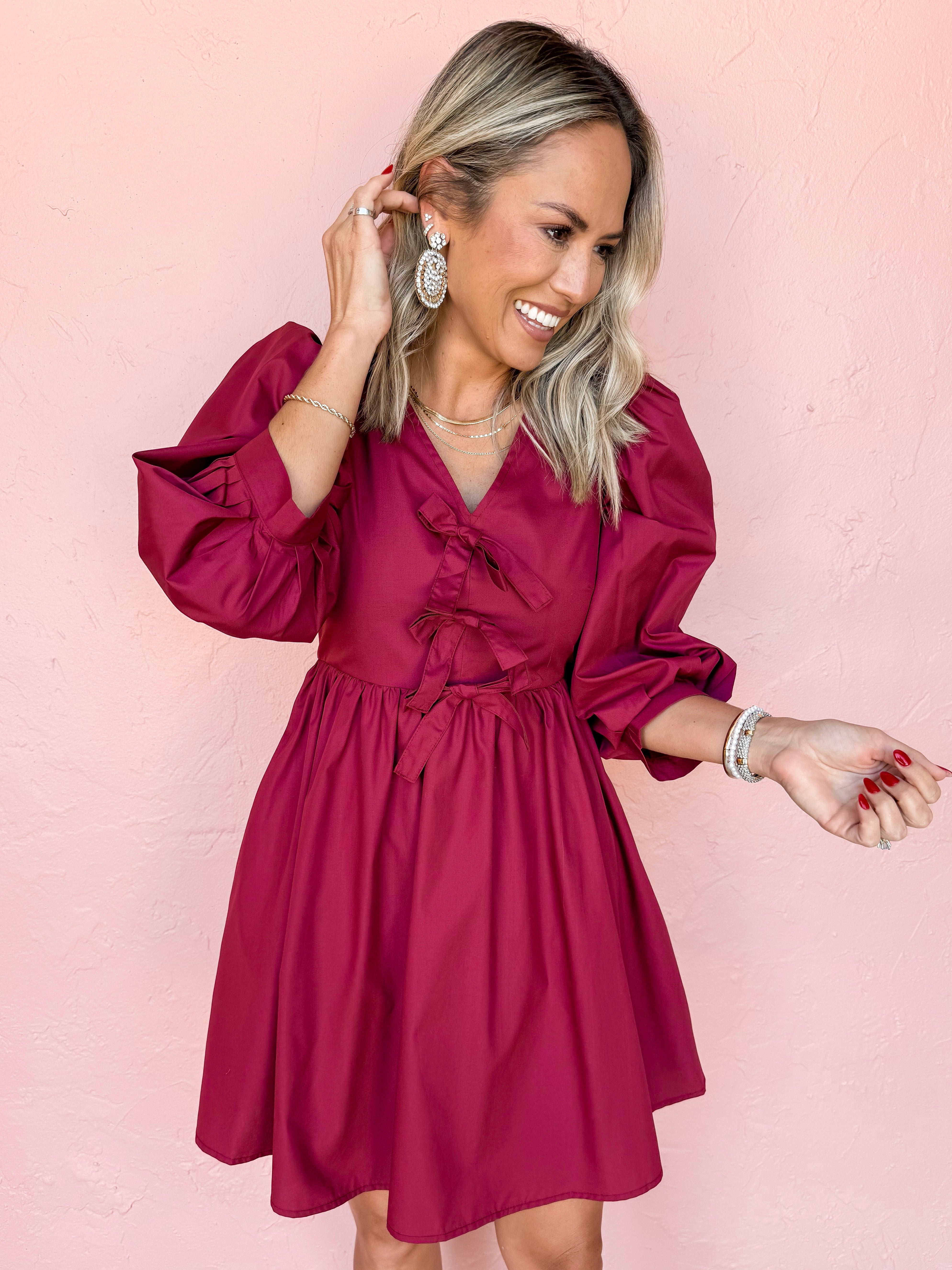 Just A Girl Bow Mini Dress-Garnet