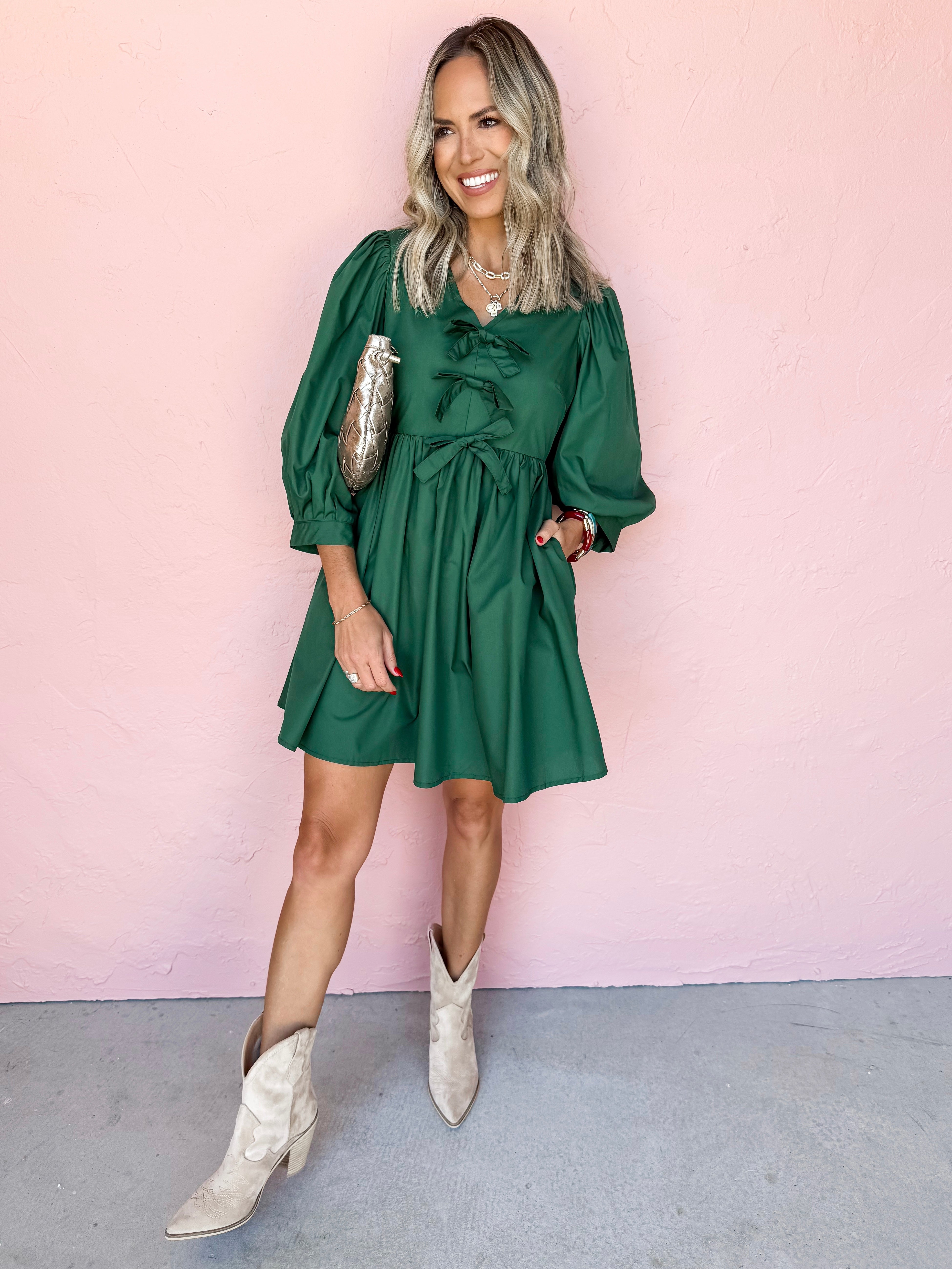 Just A Girl Bow Mini Dress-Hunter Green