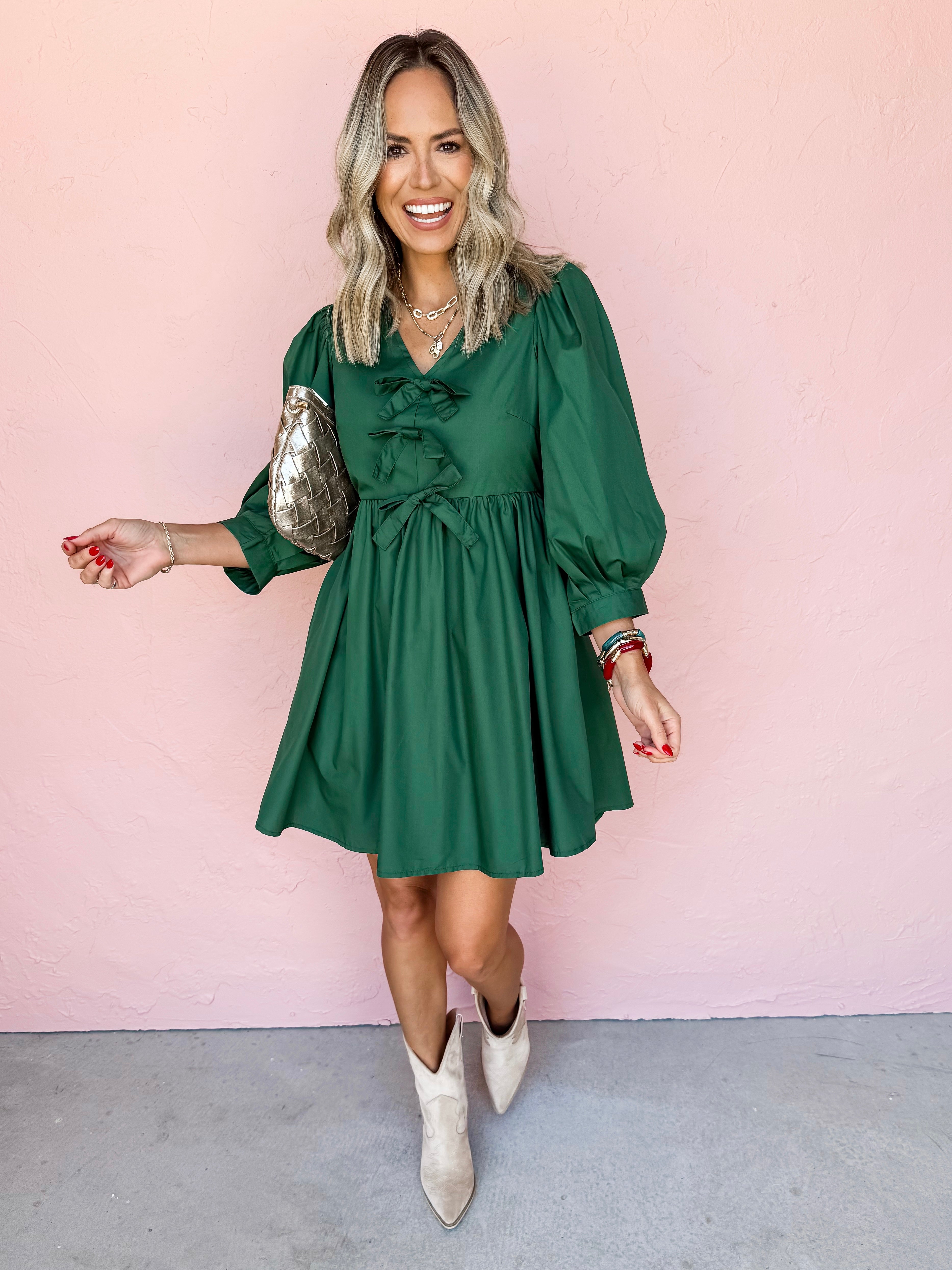 Just A Girl Bow Mini Dress-Hunter Green