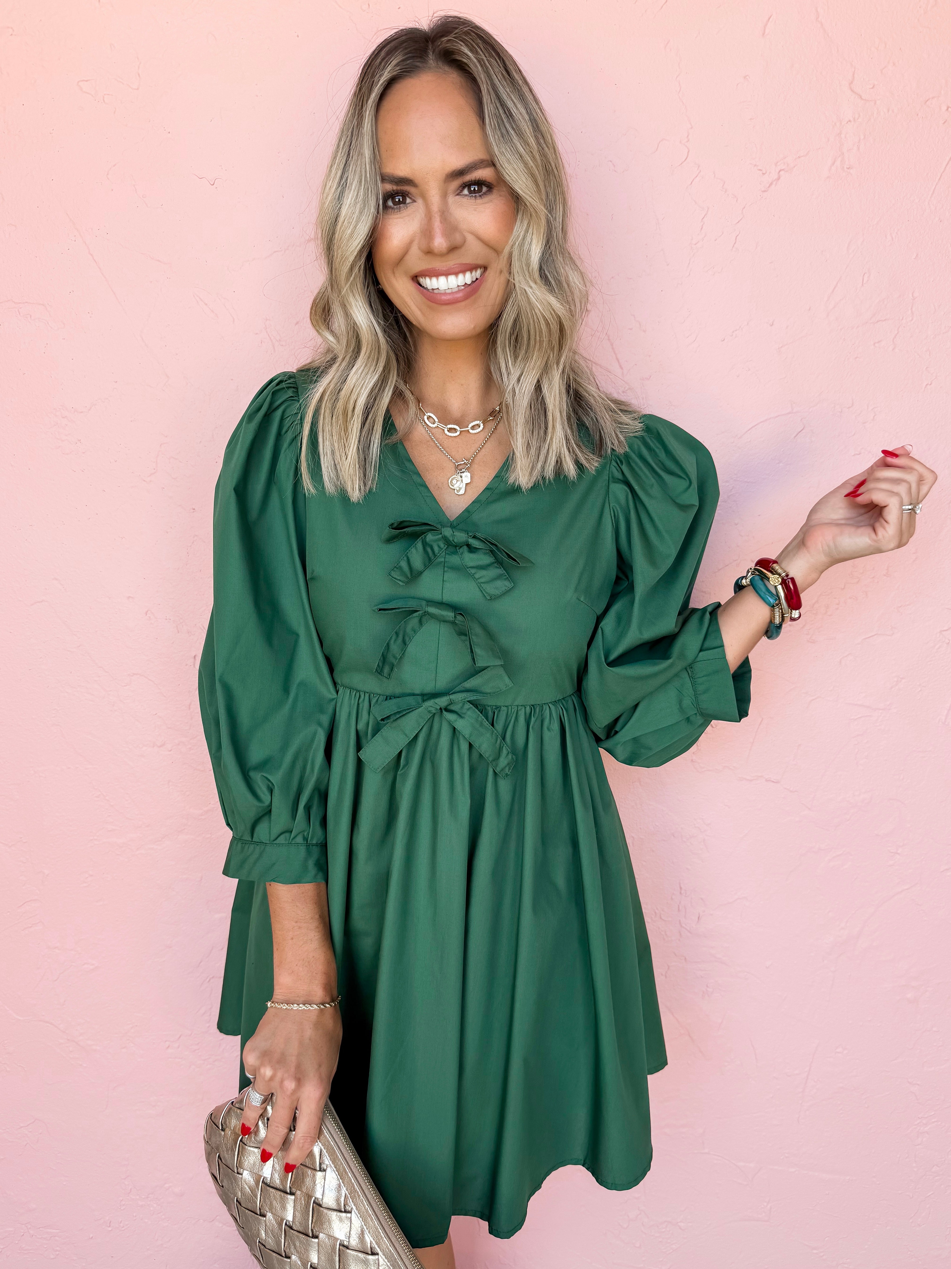 Just A Girl Bow Mini Dress-Hunter Green