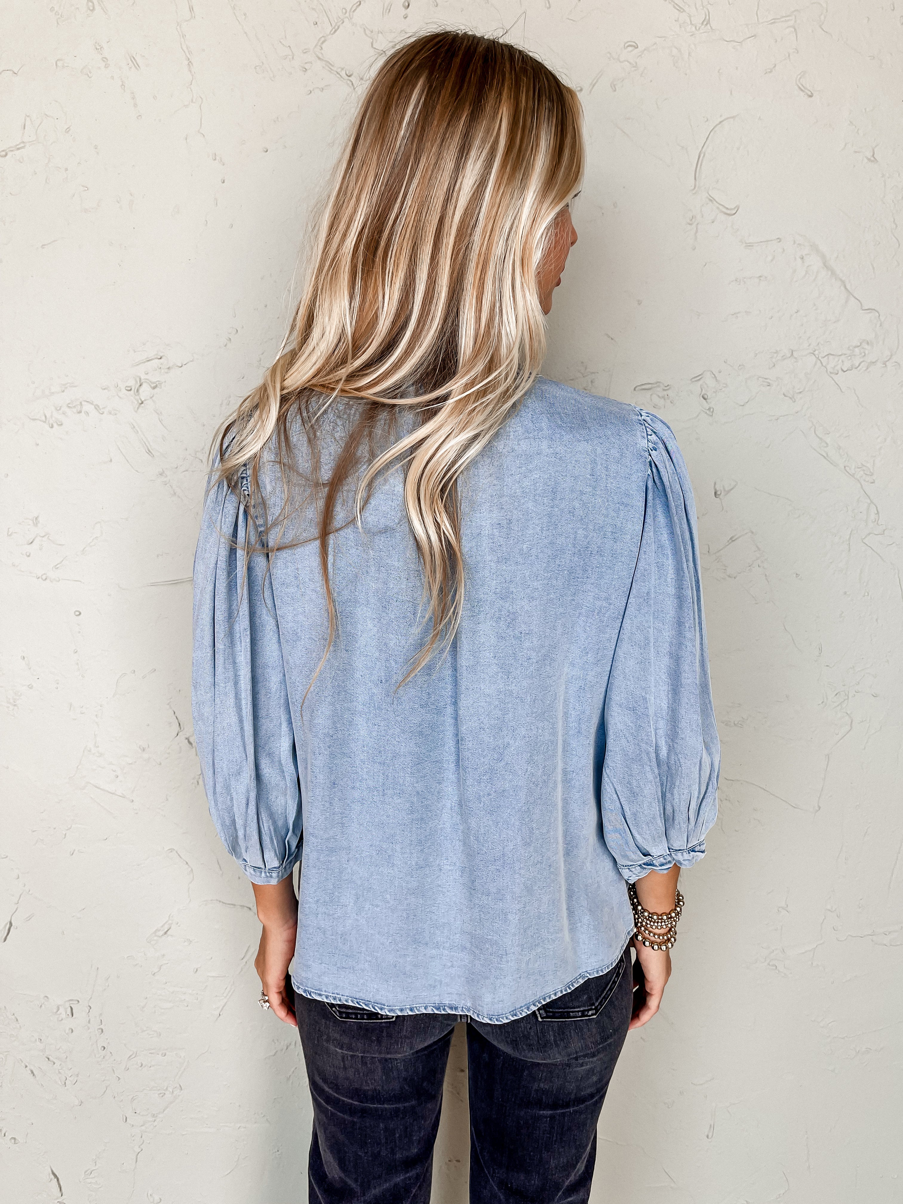 Justified Fun Denim Bow Tie Top