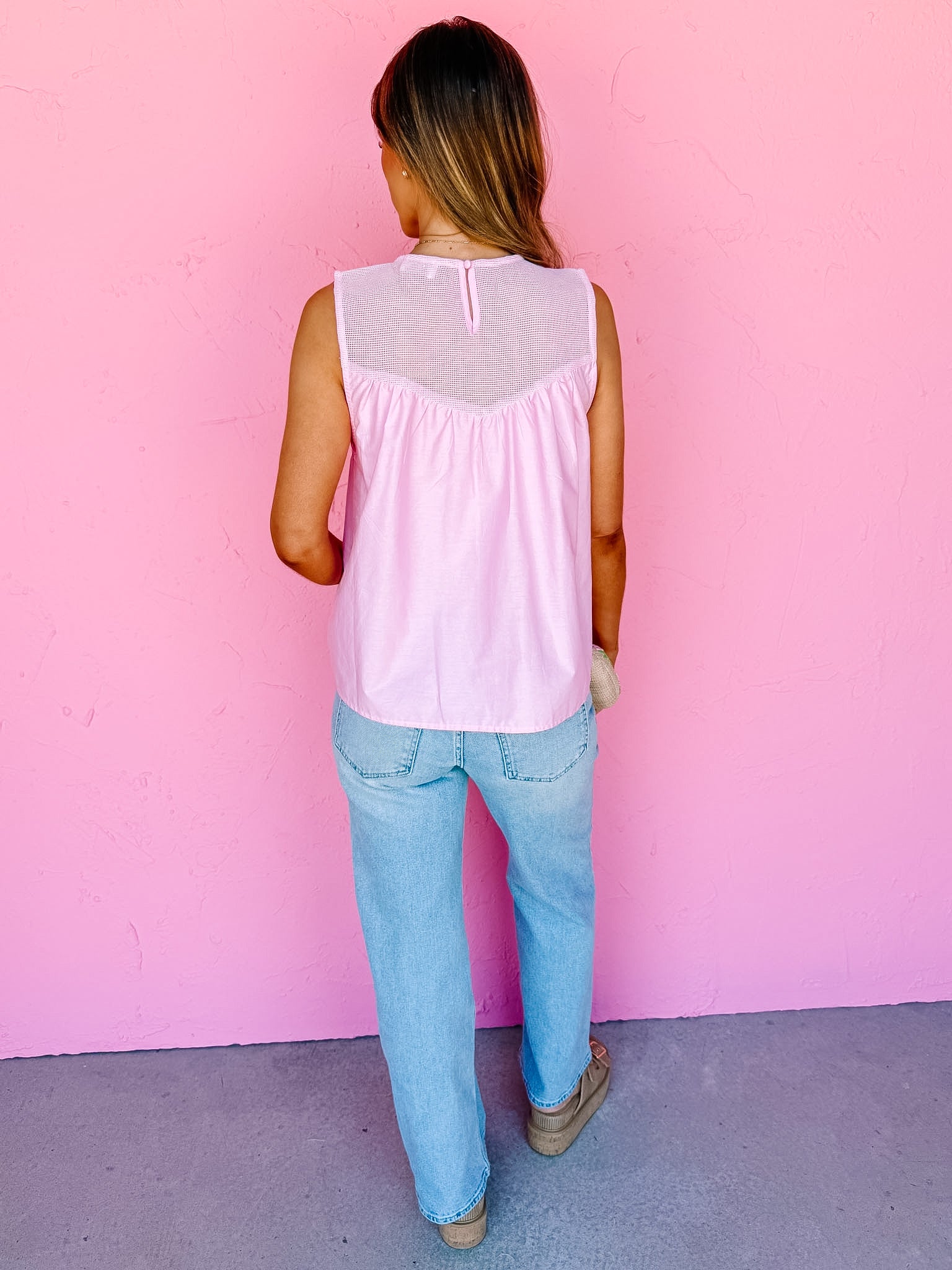 Kari Mesh Detail Lace Top-Baby Pink