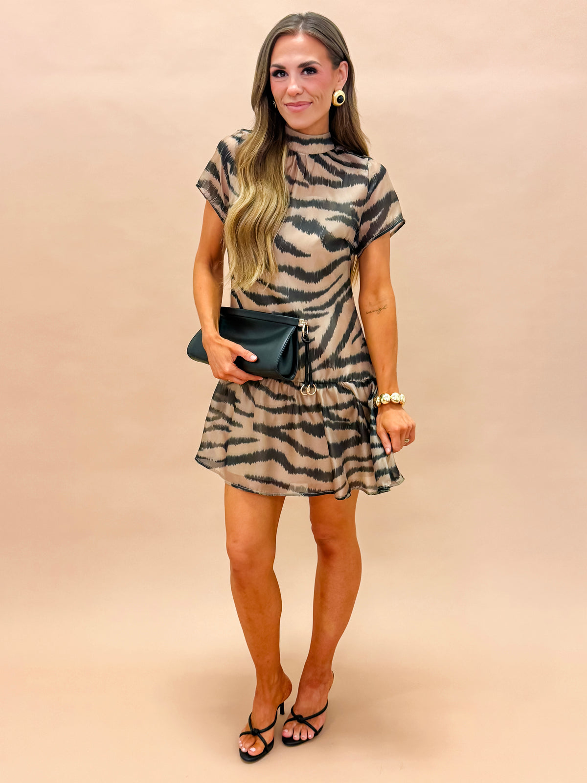 Katarina Animal Print Organza Mock Neck Mini Dress