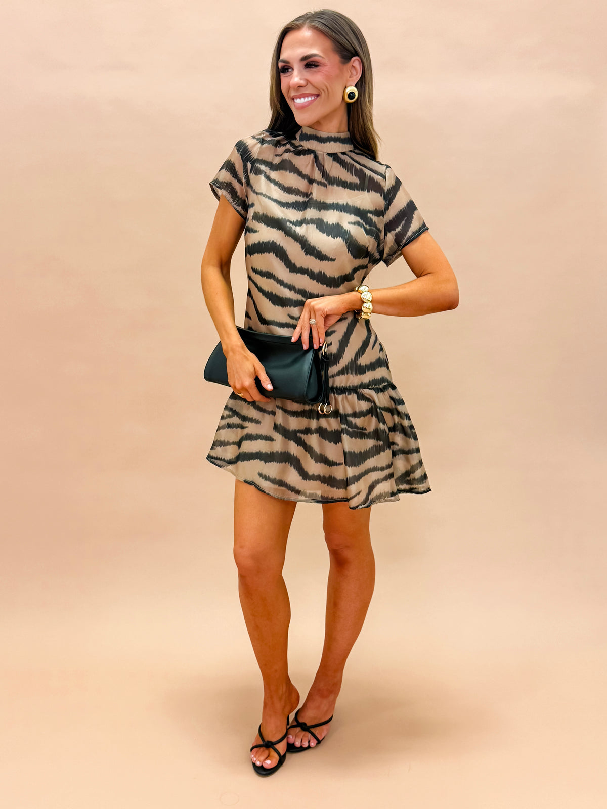 Katarina Animal Print Organza Mock Neck Mini Dress