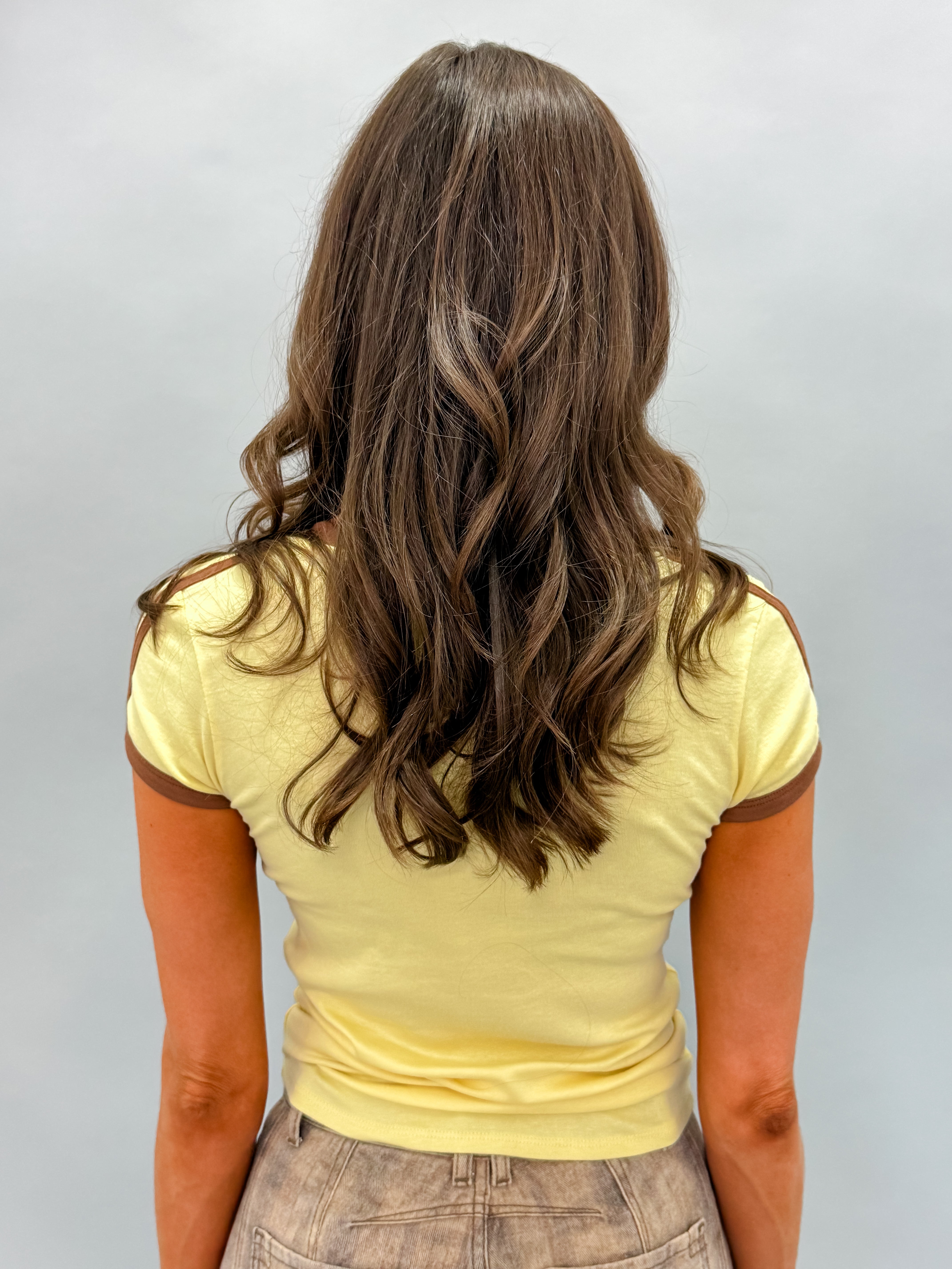 Kelsey Contrast Ringer Tee-Yellow/Chocolate
