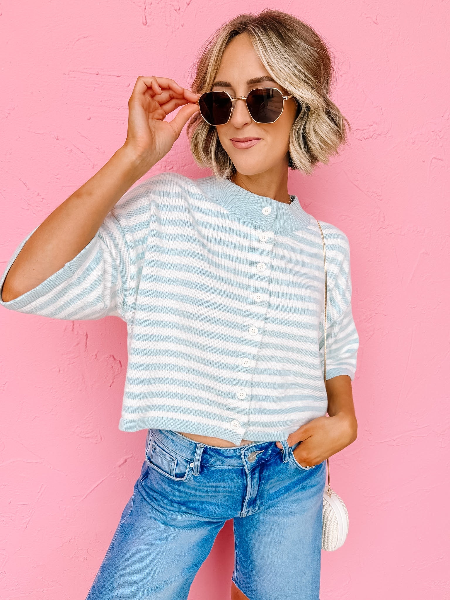 Kendall Stripe Loose Knit Top-Blue