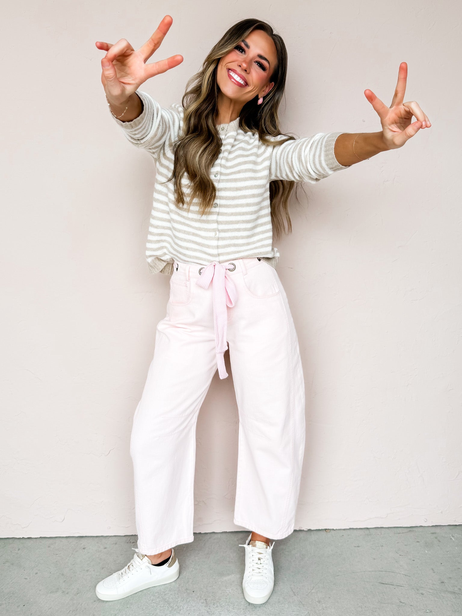 Kendall Striped Button Front Cardigan-Tan